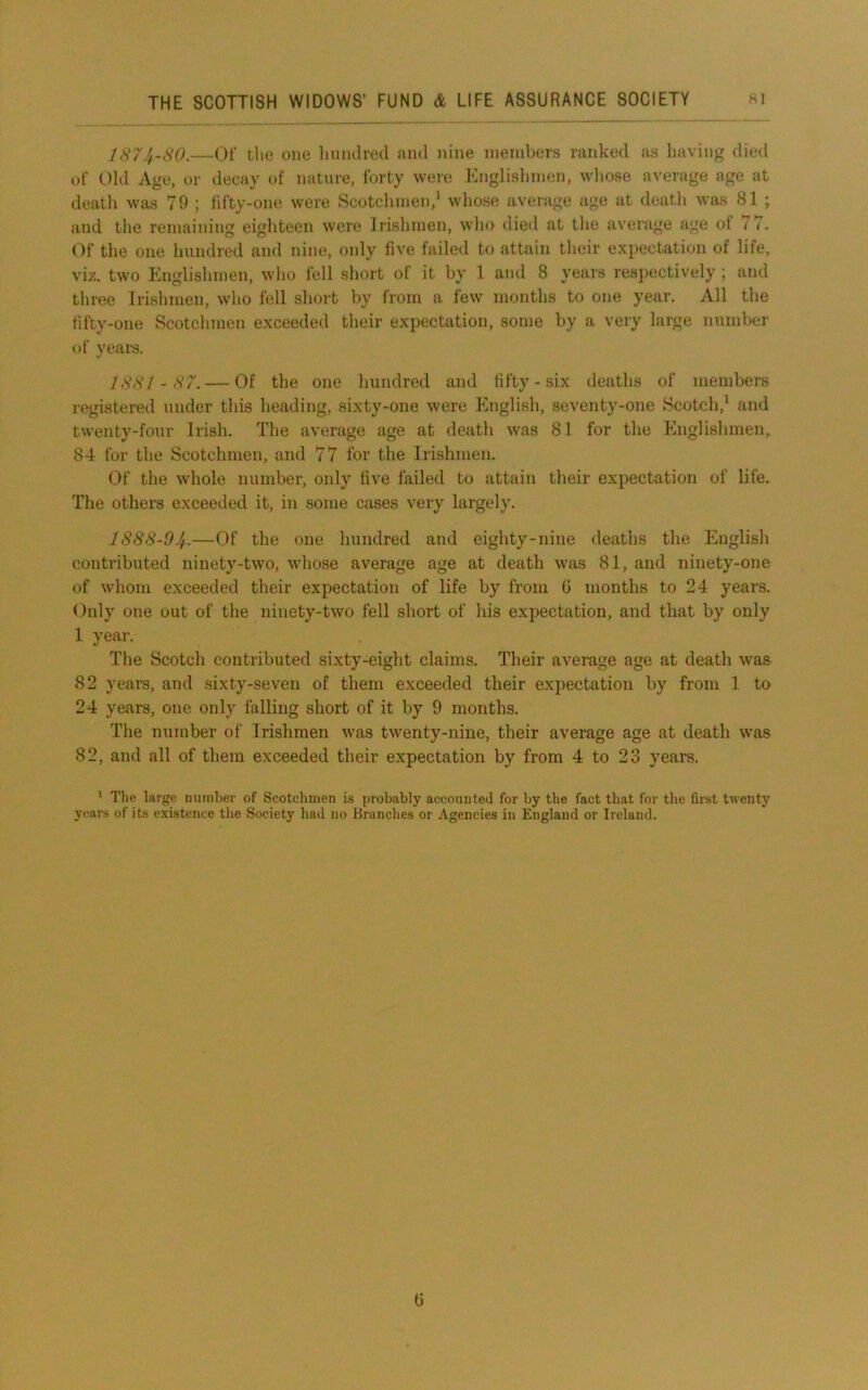 J874-SO.—Of the one Iniiulred and nine members ranked as liaving died of Old Age, or decay of nature, forty were Knglislimen, whose average age at deatli was 79 ; fifty-one were Scotchmen,* whose average age at death was 81 ; and tiie remaining eighteen were Irishmen, wlio died at tlie average age of 77. Of the one hundred and nine, only five failed to attain their expectation of life, viz. two Englishmen, who fell short of it by 1 and 8 years resjiectively ; and three Irishmen, who fell short by from a few months to one year. All the fifty-one Scotchmen e.xceeded their expectation, some by a very large number of yeai-s. 1HS1-S7. — Of the one hundred and fifty - six deaths of members registered under this heading, sixty-one were English, seventy-one Scotch,* and twenty-four Irish. The average age at death was 81 for the Englishmen, 84 for the Scotchmen, and 77 for the Irishmen. Of the whole number, only five failed to attain their expectation of life. The others exceeded it, in some cases very largely. JSS8-O4.—Of the one hundred and eighty-nine deaths the English contributed ninety-two, whose average age at death was 81, and ninety-one of whom exceeded their expectation of life by from G months to 24 years. Only one out of the ninety-two fell short of his expectation, and that by only 1 year. The Scotch contributed sixty-eight claims. Their average age at death was 82 years, and sixty-seven of them exceeded their expectation by from 1 to 24 years, one only falling short of it by 9 months. The number of Irishmen was twenty-nine, their average age at death w’as 82, and all of them exceeded their expectation by from 4 to 23 years. ’ The large number of Scotchmen is probably accounted for by the fact that for the firet twenty years of its existence tlie Society had no Branches or Agencies in England or Ireland. G