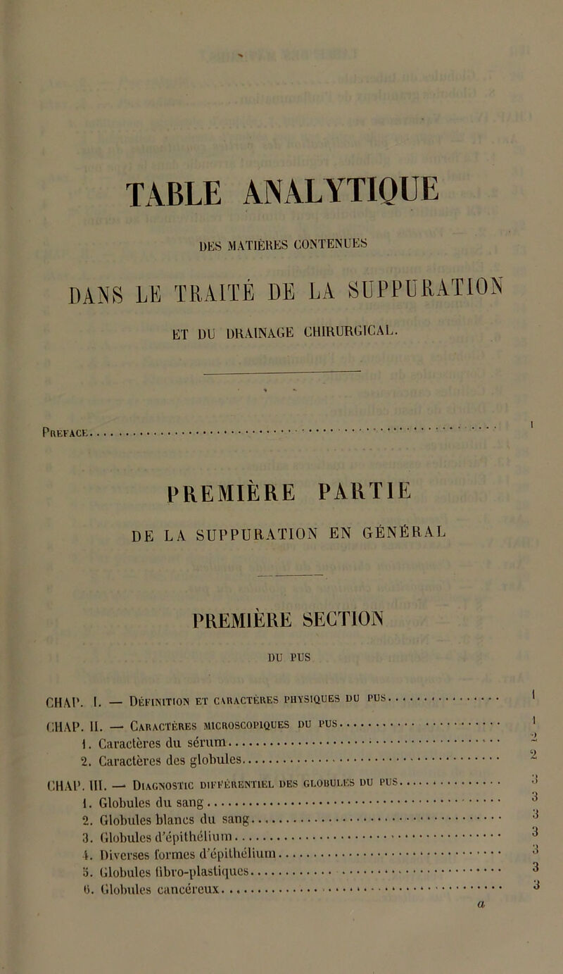 TABLE ANALYTIQUE DES MATIÈRES CONTENUES DANS LE TRAITÉ DE LA SUPPURATION ET DU DRAINAGE CHIRURGICAL. pREEACE PREMIÈRE PARTIE DE LA SUPPURATION EN GÉNÉRAL PREMIÈRE SECTION DU PUS CHAP. |, — Définition et caractères physiques du pus. . CH A P. II. — Caractères microscopiques du pus 1. Caractères du sérum 2. Caractères des globules CHAP. III. — Diagnostic différentiel des gloijules du pus 1. Globules du sang 2. Globules blanes du sang 3. Globules d'épithélium •I. Diverses formes d'épithélium o. Globules übro-plastiques 15. Globules cancéreux a