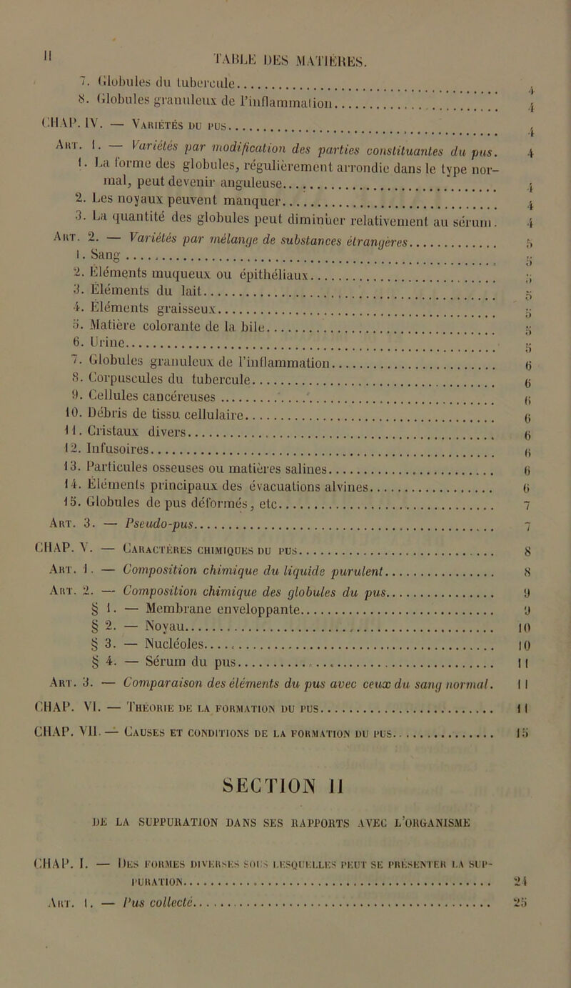 7. Globules du lubereule S. Globules granuleux de l’inflammalion | ’ CHAP. IV. — Vakiétés du rus Am. I. Variétés par modification des parties constituantes dupas. 4 1. La forme des globules, régulièrement arrondie dans le type nor- mal, peut devenir anguleuse j 2. Les noyaux peuvent manquer 4 ■S. La quantité des globules peut diminuer relativement au sérum. 4 Am. 2. Variétés par mélange de substances étrangères 5 2. Eléments muqueux ou épithéliaux ;; 3. Éléments du lait ^ 4. Eléments graisseux - b. Matière colorante de la bile g 6. Urine K 7. Globules granuleux de l’inflammation (5 «S. Corpuscules du tubercule y 9. Cellules cancéreuses (i 10. Débris de tissu cellulaire g H. Cristaux divers (5 12. Infusoires « 13. Particules osseuses ou matières salines g 14. Éléments principaux des évacuations alvines (i 1b. Globules de pus déformés, etc 7 Art. 3. — Pseudo-pus 7 CHAP. V. — Caractères chimiques du eus 8 Art. I. — Composition chimique du liquide purulent 8 Art. 2. — Composition chimique des globules du pus 9 § i. — Membrane enveloppante y § 2. — Noyau 10 § 3. — Nucléoles 10 § 4. — Sérum du pus Il Art. 3. — Comparaison des éléments du pus avec ceux du sang normal. 11 CHAP. VL — Théorie de la formation du rus <1 CHAP. Vil. — Causes et conditions de la formation du rus 15 SECTJOJN JJ DE LA SUPPURATION DANS SES RAPPORTS AVEC L’ORGANISME CHAP. I. — Des formes diverses soi s lesquelles peut se présenter la sup- puration 24 Art. I. — Pus collecté 25