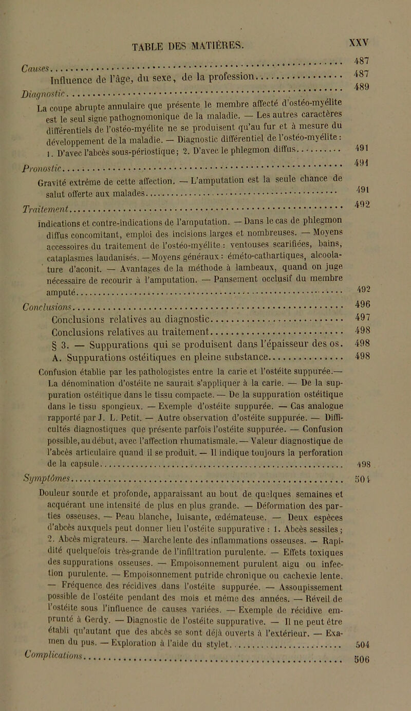 Causes •Influence de l’âge, du sexe, de la profession Diagnostic La COUpe abrupte annulaire que présente le membre affecté d’ostéo-myélite est le seul signe pathognomonique de la maladie. — Les autres caractères différentiels de. l’ostéo-myélite ne se produisent qu’au fur et à mesure du développement delà maladie. — Diagnostic différentiel de l’ostéo-myélite : 1. D’avec l’abcès sous-périostique ; 2. D’avec le phlegmon diffus Pronostic Gravité extrême de cette affection. — L’amputation est la seule chance de salut offerte aux malades Traitement indications et contre-indications de l’amputation. — Dans le cas de phlegmon diffus concomitant, emploi des incisions larges et nombreuses. — Moyens accessoires du traitement de l’ostéo-myélite : ventouses scarifiées, bains, cataplasmes laudanisés.—Moyens généraux : éméto-cathartiques, alcoola- ture d’aconit. — Avantages de la méthode à lambeaux, quand on juge nécessaire de recourir à l’amputation. — Pansement occlusif du membre amputé ; Conclusions Conclusions relatives au diagnostic Conclusions relatives au traitement § 3. — Suppurations qui se produisent dans l’épaisseur des os. A. Suppurations ostéitiques en pleine substance Confusion établie par les pathologistes entre la carie et l’ostéite suppurée.— La dénomination d’ostéite ne saurait s’appliquer à la carie. — De la sup- puration ostéitique dans le tissu compacte. — De la suppuration ostéitique dans le tissu spongieux. — Exemple d’ostéite suppurée. — Cas analogue rapporté par J. L. Petit. — Autre observation d’ostéite suppurée. — Diffi- cultés diagnostiques que présente parfois l’ostéite suppurée. — Confusion possible, au début, avec l’affection rhumatismale. — Valeur diagnostique de l’abcès articulaire quand il se produit. — Il indique toujours la perforation de la capsule Symptômes Douleur sourde et profonde, apparaissant au bout de quelques semaines et acquérant une intensité de plus en plus grande. — Déformation des par- ties osseuses. — Peau blanche, luisante, œdémateuse. — Deux espèces d’abcès auxquels peut donner lieu l’ostéite suppurative : 1. Abcès sessiles ; 2. Abcès migrateurs. — Marche lente des inflammations osseuses. — Rapi- dité quelquefois très-grande de l’infiltration purulente. — Effets toxiques des suppurations osseuses. — Empoisonnement purulent aigu ou infec- tion purulente. — Empoisonnement putride chronique ou cachexie lente. — Fréquence des récidives dans l’ostéite suppurée. — Assoupissement possible de l’ostéite pendant des mois et même des années. — Réveil de 1 ostéite sous l’influence de causes variées. — Exemple de récidive em- prunté a Gerdy. — Diagnostic de l’ostéite suppurative. — Il ne peut être établi qu’autant que des abcès se sont déjà ouverts à l’extérieur. — Exa- men du pus. — Exploration à l’aide du stylet Complications 487 487 489 491 491 491 492 492 496 497 498 498 498 498 50 i 504 506