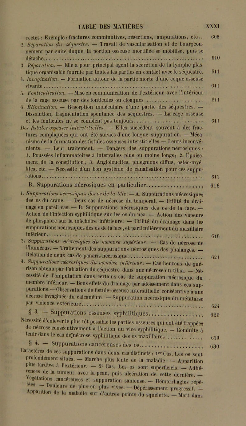 rectes: Exemple : fractures comminutives, résections, amputations, etc.. 2. Séparation du séquestre. — Travail de vascularisation et de bourgeon- nement par suite duquel la portion osseuse mortifiée se mobilise, puis se détache 3. Réparation. — Elle a pour principal agent la sécrétion de la lymphe plas- tique organisable fournie par toutes les parties en contact avec le séquestre. i. Invagination. — Formation autour de la partie morte d’une coque osseuse vivante 5. Fonticulisation. — Mise en communication de l’extérieur avec l’intérieur de la cage osseuse par des fonticules ou cloaques (>. Élimination. — Résorption moléculaire d’une partie des séquestres. — Dissolution, fragmentation spontanée des séquestres. — La cage osseuse et les fonticules ne se comblent pas toujours Iles fistules osseuses interstitielles. — Elles succèdent souvent à des frac- tures compliquées qui ont été suivies d’une longue suppuration. — Méca- nisme de la formation des fistules osseuses interstitielles.— Leurs inconvé- nients. — Leur traitement. — Dangers des suppurations nécrosiques : i. Poussées inflammatoires à intervalles plus ou moins longs; 2. Épuise- ment de la constitution; 3. Angioleucites, phlegmons diffus, ostéo-myé- lites, etc. — Nécessité d’un bon système de canalisation pour ces suppu- rations B. Suppurations nécrosiques en particulier 1. Suppurations nécrosiques des os de la tête. — A. Suppurations nécrosiques des os du crâne. — Deux cas de nécrose du temporal. — Utilité du drai- nage en pareil cas. — B. Suppurations nécrosiques des os de la face. — Action de l’infection syphilitique sur les os du nez. — Action des vapeurs de phosphore sur la mâchoire inférieure. — Utilité du drainage dans les suppurations nécrosiques des os de la face, et particulièrement du maxillaire inférieur 2. Suppurations nécrosiques du membre supérieur. — Cas de nécrose de l’humérus. — Traitement des suppurations nécrosiques des phalanges. — Relation de deux cas de panaris nécrosique 3. Suppurations nécrosiques du membre inférieur. — Cas heureux de gué- rison obtenu par l’ablation du séquestre dans une nécrose du tibia. — Né- cessité de l’amputation dans certains cas de suppuration nécrosique du membre inférieur. — Bons effets du drainage par adossement dans ces sup- purations.—Observations de fistule osseuse interstitielle consécutive à une nécrose invaginée du calcanéum. — Suppuration nécrosique du métatarse par violence extérieure § 3. Suppurations osseuses syphilitiques Nécessité d’enlever le plus tôt possible les parties osseuses qui ont été frappées de nécrose consécutivement à l’action du vice syphilitique. — Conduite à tenir dans le cas dejhécrose syphilitique des os maxillaires § 4- — Suppurations cancéreuses des os...* Caractères de ces suppurations dans deux cas distincts: 1er Cas. Les os sont profondément situés. - Marche plus lente de la maladie. - Apparition Plus tardive à l’extérieur. - 2« Cas. Les os sont superliciels. - Adhé- 'ences de la tumeur avec la peau, puis ulcération de cette dernière. — egetations cancéreuses et suppuration sanieuse. - Hémorrhagies répé- “Douleurs de plus en plus vives. - Dépérissement progressif. - ■ fpari ion de la maladie sur d’autres points du squelette. — Mort dans 608 G10 611 Gl I 611 Gl I GI2 616 616 G21 G2i 626 620 630