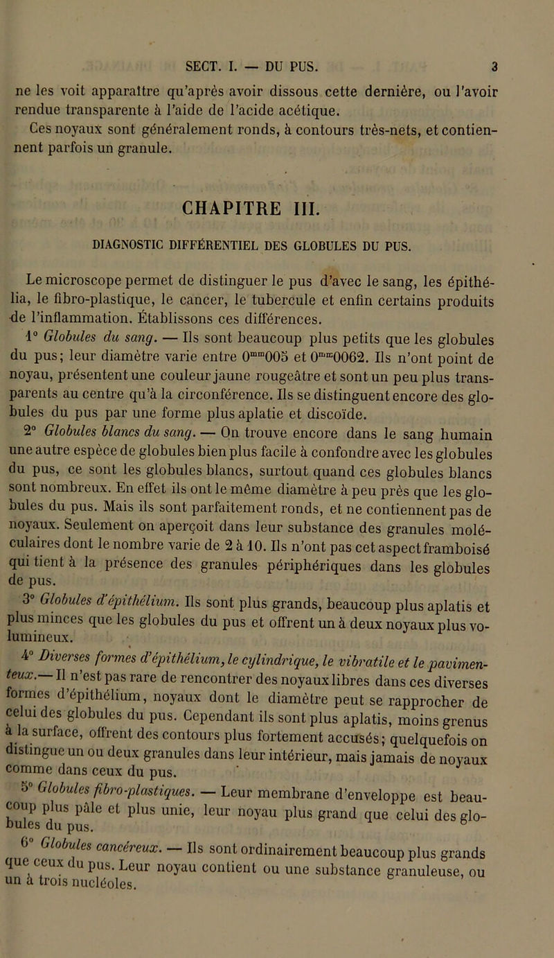 ne les voit apparaître qu’après avoir dissous cette dernière, ou l'avoir rendue transparente à l’aide de l’acide acétique. Ces noyaux sont généralement ronds, à contours très-nets, et contien- nent parfois un granule. CHAPITRE III. DIAGNOSTIC DIFFÉRENTIEL DES GLOBULES DU PUS. Le microscope permet de distinguer le pus d’avec le sang, les épithé- lia, le fibro-plastique, le cancer, le tubercule et enfin certains produits de l’inflammation. Établissons ces différences. 1° Globules du sang. — Us sont beaucoup plus petits que les globules du pus; leur diamètre varie entre 0mm005 et 0miE0062. Ils n’ont point de noyau, présentent une couleur jaune rougeâtre et sont un peu plus trans- parents au centre qu’à la circonférence. Us se distinguent encore des glo- bules du pus par une forme plus aplatie et discoïde. 2° Globules blancs du sang. — On trouve encore dans le sang humain une autre espèce de globules bien plus facile à confondre avec les globules du pus, ce sont les globules blancs, surtout quand ces globules blancs sont nombreux. En effet ils ont le même diamètre à peu près que les glo- bules du pus. Mais ils sont parfaitement ronds, et ne contiennent pas de noyaux. Seulement on aperçoit dans leur substance des granules molé- culaires dont le nombre varie de 2 à 10. Ils n’ont pas cet aspect framboisé qui tient à la présence des granules périphériques dans les globules de pus. 3° Globules d’épithélium. Us sont plus grands, beaucoup plus aplatis et plus minces que les globules du pus et offrent un à deux noyaux plus vo- lumineux. 4° Diverses formes d’épithélium, le cylindrique, le vibratile et le pavimen- teux. U n’est pas rare de rencontrer des noyaux libres dans ces diverses formes d’épithélium, noyaux dont le diamètre peut se rapprocher de celui des globules du pus. Cependant ils sont plus aplatis, moins grenus à la surface, offrent des contours plus fortement accusés; quelquefois on distingue un ou deux granules dans leur intérieur, mais jamais de noyaux comme dans ceux du pus. 3° Globules fibro-plastiques. — Leur membrane d’enveloppe est beau- coup plus pâle et plus unie, leur noyau plus grand que celui des glo- bules du pus. Globules cancéreux. Us sont ordinairement beaucoup plus grands que ceux du pus. Leur noyau contient ou une substance granuleuse, ou un à trois nucléoles.