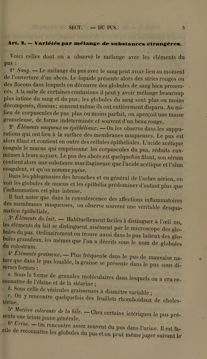 Art. ï, — Variétés par mélange «le substances étrangères. Voici celles dont on a observé le mélange avec les éléments du pus : 1° Sang. —Le mélange du pus avec le sang peut avoir lieu au moment de l’ouverture d’un abcès. Le liquide présente alors des stries rouges ou des flocons dans lesquels on découvre des globules de sang bien pronon- cés. A la suite de certaines contusions il peut y avoir mélange beaucoup plus intime du sang et du pus; les globules du sang sont plus ou moins décomposés, dissous; souvent même ils ont entièrement disparu. Au mi- lieu de corpuscules de pus plus ou moins parfait, on aperçoit une masse grumeleuse, de forme indéterminée et souvent d’un beau rouge. 2 Éléments muqueux ou épithéliaux. — On les observe dans les suppu- rations qui ont lieu à la surface des membranes muqueuses. Le pus est alors filant et contient en outre des cellules épithéliales. L’acide acétique coagule le mucus qui emprisonne les corpuscules du pus, réduits eux- mômes à leurs noyaux. Le pus des abcès est quelquefois filant, son sérum contient alors une substance mucilagineuse que l’acide acétique et l’alun coagulent, et qu’on nommepyine. Dans les phlegmasies des bronches et en général de l’arbre aérien, on voit les globules de mucus et les épithélia prédominer d’autant plus que l’inflammation est plus intense. Il faut noter que dans la convalescence des affections inflammatoires des membranes muqueuses, on observe souvent une véritable desaua- mation épithéliale. ^ 3° Éléments du lait. — Habituellement faciles à distinguer à l’œil nu es éléments du lait se distinguent aisément par le microscope des glo- u es du pus. Ordinairement on trouve aussi dans le pus laiteux des glo- dü cobsTrumUX* ^ mém6S ^ ^ * déCritS S°US Ie n°m de $lohules 4» Éléments graisseux. - Plus fréquente dans le pus de mauvaise na- terrseqsUformes'!e *** SG présente dans Ie Ps *>us di- a. Sous la forme de granules moléculaires dans lesquels on a cru re- connaître de l’élaïne et de la stéarine ; b. Sous celle de vésicules graisseuses à diamètre variable • c. On y rencontre quelquefois des feuillets rhomboïdaux de choles- térine. Matiè 'ère colorante de la bile. — Chez ccrininc „ , sente «ne teinte jaune générale. 1ClénqUes le Pus Pré‘ (i° Urine. — On rencontre assez souvent du pus dans l’urine II est fa «le de reconnaUre les globules du pus et on pLl même juger s “ivantt