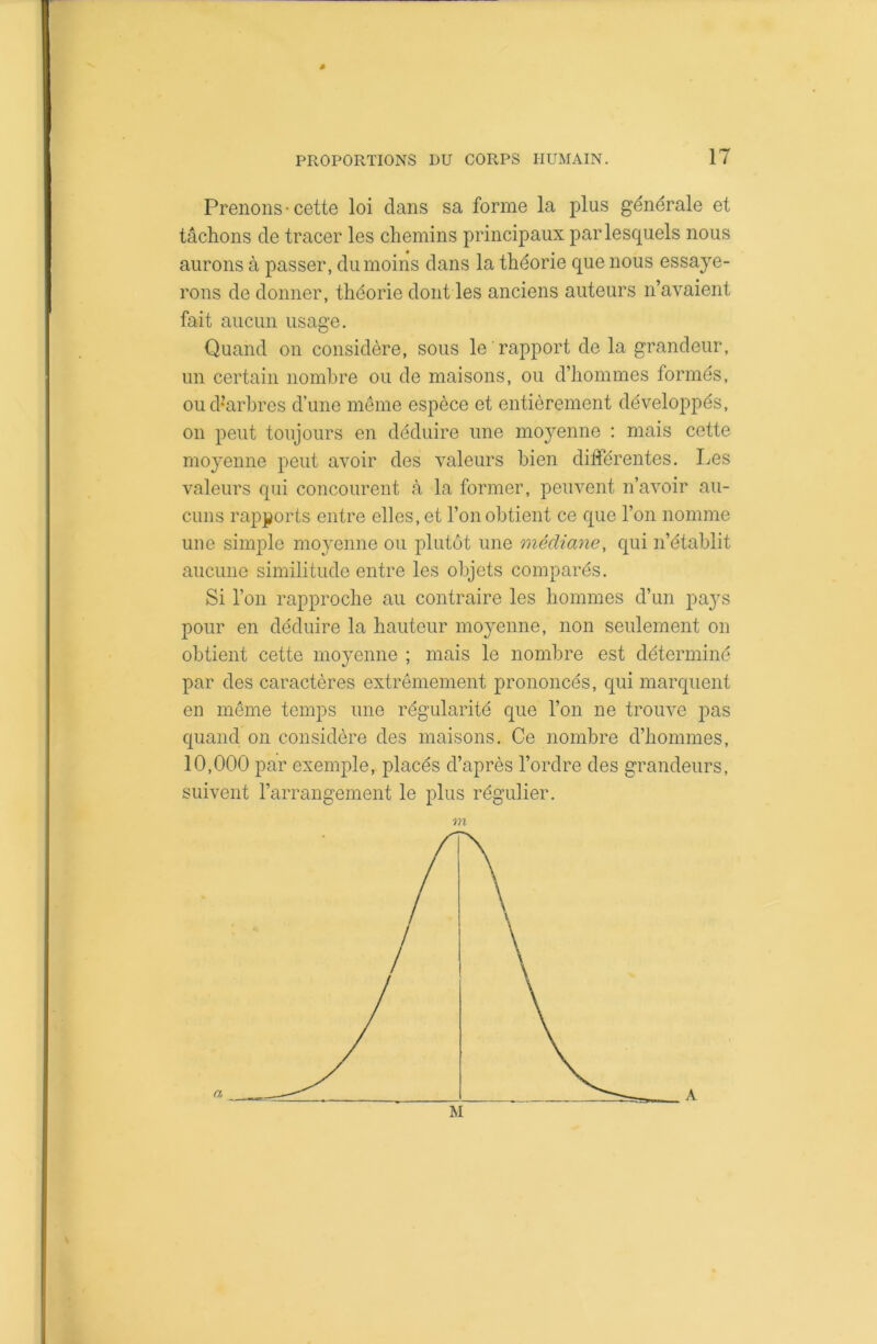 Prenons-cette loi dans sa forme la plus générale et tâchons de tracer les chemins principaux par lesquels nous aurons à passer, du moins dans la théorie que nous essaye- rons de donner, théorie dont les anciens auteurs n’avaient fait aucun usage. Quand on considère, sous le rapport de la grandeur, un certain nombre ou de maisons, ou d’hommes formés, ou Marbres d’une même espèce et entièrement développés, on peut toujours en déduire une moyenne : mais cette moyenne peut avoir des valeurs bien différentes. Les valeurs qui concourent à la former, peuvent n’avoir au- cuns rapports entre elles, et l’on obtient ce que l’on nomme une simple moyenne ou plutôt une médiane, qui n’établit aucune similitude entre les objets comparés. Si l’on rapproche au contraire les hommes d’un pays pour en déduire la hauteur moyenne, non seulement on obtient cette moyenne ; mais le nombre est déterminé par des caractères extrêmement prononcés, qui marquent en même temps une régularité que l’on ne trouve pas quand on considère des maisons. Ce nombre d’hommes, 10,000 par exemple, placés d’après l’ordre des grandeurs, suivent l’arrangement le plus régulier. m