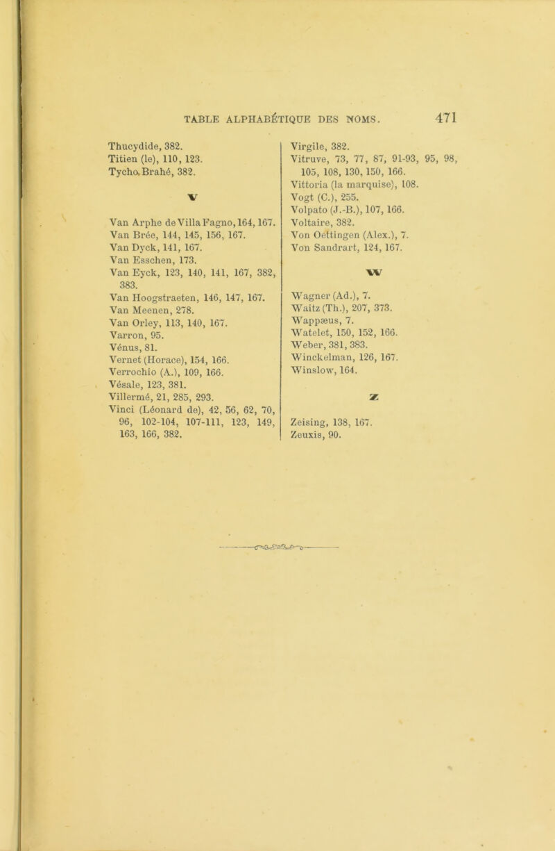 Thucydide, 382. Titien (le), 110, 123. TychaBrahé, 382. V Van Arphe de Villa Fagno, 164,167. Van Brée, 144, 145, 156, 167. Van Dyck, 141, 167. Van Esschen, 173. Van Eyck, 123, 140, 141, 167, 382, 383. Van Hoogstraeten, 146, 147, 167. Van Meenen, 278. Van Orley, 113, 140, 167. Vairon, 95. Vénus, 81. Vernet (Horace), 154, 166. Verrochio (A.), 109, 166. Vésale, 123, 381. Villermé, 21, 285, 293. Vinci (Léonard de), 42, 56, 62, 70, 96, 102-104, 107-111, 123, 149, 163, 166, 382. Virgile, 382. Vitruve, 73, 77, 87, 91-93, 95, 98, 105, 108, 130, 150, 166. Vittoria (la marquise), 108. Vogt (C.), 255. Volpato (J.-B.), 107, 166. Voltaire, 382. Von Oettingen (Alex.), 7. Von Sandrart, 124, 167. YV Wagner (Ad.), 7. Waitz (Th.), 207, 373. Wappæus, 7. Watelet, 150, 152, 166. Weber, 381, 383. Winckelman, 126, 167. Winslow, 164. Zeising, 138, 167. Zeuxis, 90.