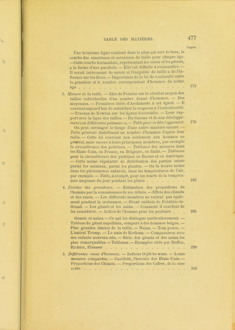 Une troisième ligne contient dans le plan qui sert de base, la courbe des maximum et minimum de taille pour chaque âge. —Cette courbe horizontale, représentant les nains et les géants, a la forme d’une parabole. — Elle'est difficile à reconnaître. Il serait intéressant de savoir si l’inégalité de taille a de 1 in- fluence sur les décès.—Importance de la loi de continuité entre la grandeur et le nombre correspondant d’hommes du même âge 3. Mesure de la taille. — Idée de Fourier sur le résultat moyen des tailles individuelles d’un nombre donné d’hommes. — Des moyennes. — Premières idées d’Archimède à cet égard. — Il convient aujourd’hui de substituer la moyenne à l’individualité. — Travaux de Newton sur les lignes binomiales. — Leur rap- port avec la ligne des tailles. — Du binôme et de son développe- ment aux différentes puissances.— Table pour ce développement. On peut envisager le tirage d’une autre manière encore. — Table générale distribuant un nombre d’hommes d’après leur taille. — Cette loi convient non seulement aux hommes en général, mais encore à leurs principaux membres, par exemple la circonférence des poitrines. — Tableaux des mesures dans les États-Unis, en France, en Belgique, en Italie.— Tableaux pour la circonférence des poitrines en Écosse et en Amérique. — Cette même régularité de distribution des parties existe parmi les animaux, parmi les plantes. — On la trouve même dans les phénomènes naturels, dans les températures de l’air, par exemple.— Table, à ce sujet, pour les écarts de la tempéra- ture moyenne du jour pendant les pluies 4. Limites xdes grandeurs. — Estimation des proportions de l’homme parla connaissance de ses débris. — Effets des climats et des races. — Les différents membres ne varient pas égale- ment pendant la croissance. — Géant suédois de Frédéric-le- Grand. — Les géants et les nains. — Comment il convient de les considérer. — Action de l’homme pour les produire . . . Géants et nains. — Ce qui les distingue particulièrement. — Tableau du géant napolitain, comparé à des hommes belges. — Plus grandes limites de la taille. — Nains. — Tom pouce. — L’amiral Tromp. — Le nain de Iverkum. — Compai’aison avec des enfants nouveau-nés. — Série des géants et des nains, les plus remarquables. — Tableaux. — Exemples cités par Buffon, Richter, Elsasser 5. Différentes races d’hommes. — Indiens O-jib-be-wass. —Leurs mesures comparées.— Cantfleld, l’hercule des États-Unis.— Proportions des Chinois. — Proportions des Cafres, de la race noire Pages. 272 276 283 295 299 313