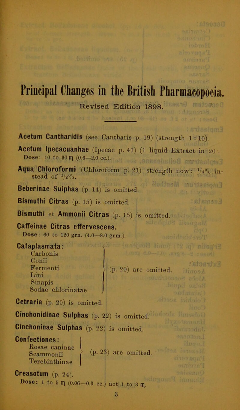 Revised Edition 1898. Acetum Cantharidis (see Cantharis p. 19) (strength 1 : 10). Acetum Ipecacuanhae (Ipecac p. 41) (l liquid Extract in 20 . Dose; 10 to 30iq (0.6—2.0 cc.). Aqua Chloroformi (Chloroform p. 21) strength now: Vi^’o in- stead of Va%. Beberinae Sulphas (p. 14) is omitted. Bismuthi Citras (p. 15) is omitted. Bismuthi et Ammonii Citras (p. 15) is omitted. Caffeinae Citras effervescens. Dose: 60 to 120 grn. (4.0—8.0 grm.). Cataplasmata; Carhonis Conii Fermenti Lini Sinapis Sodae chlorinatae (p. 20) are omitted. Cetraria (p. 20) is omitted. Cinchonidinae Sulphas (p. 22) is omitted. Cinchoninae Sulphas (p. 22) is omitted. Confectiones: | Eosae caniuae I / Scammonii ( 'P' omitted. Terebinthinae | Creasotum (p. 24). Dose: 1 to 5 m (0.06-0.3 cc.) not 1 to 3 iq. 3