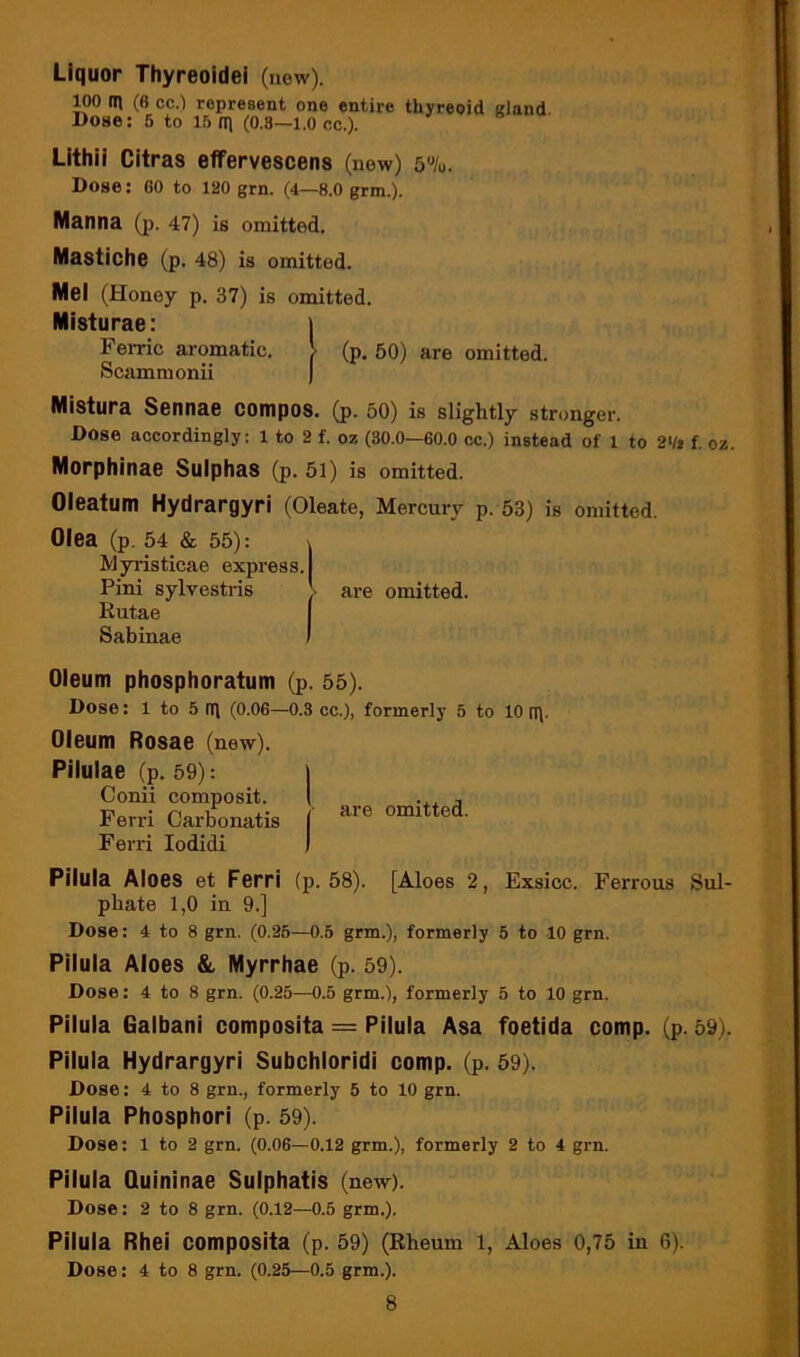 Liquor Thyreoidei (now). ipo m (6 cc.) represent one entire thyreoid gland Dose: 5 to 15 m (0.8—i.o cc.). Lithii Citras effervescens (new) 5%. Dose: 60 to 120 grn. (4—8.0 grm.). Manna (p. 47) is omitted. Mastiche (p. 48) is omitted. Mel (Honey p. 37) is omitted. Misturae: j Ferric aromatic, > (p. 50) are omitted. Scamnionii ) Mistura Sennae compos, (p. 50) is slightly stronger. Dose accordingly: 1 to 2 f. oz (30.0—60.0 cc.) instead of 1 to 2Ht f. oz Morphinae Sulphas (p. 5l) is omitted. Oleatum Hydrargyri (Oleate, Mercury p. 53) is omitted. Olea (p. 54 & 55): X Myristicae express. Pini sylvestris i are omitted. Rutae I Sabinae I Oleum phosphoratum (p. 55). Dose: l to 5 ill (0.06—0.3 cc.), formerly 5 to 10 IT). Oleum Rosae (new). Pilulae (p. Conii Ferri Ferri ! Pilula Aloes et Ferri (p. 58). [Aloes 2, Exsicc. Ferrous Sul- phate 1,0 in 9.] Dose: 4 to 8 grn. (0,26—0.5 grm.), formerly 5 to 10 grn. Pilula Aloes &, Myrrhae (p. 59). Dose: 4 to 8 grn. (0.25—0.5 grm.), formerly 5 to 10 grn. Pilula Galbani composita = Pilula Asa foetida comp. (p. 59). Pilula Hydrargyri Subchloridi comp. (p. 59). Dose: 4 to 8 grn., formerly 5 to 10 grn. Pilula Phosphor! (p. 59). Dose: 1 to 2 grn. (0.06—0.12 grm.), formerly 2 to 4 grn. Pilula Quininae Sulphatis (new). Dose: 2 to 8 grn. (0.12—0.5 grm.). Pilula Rhei composita (p. 59) (Rheum l. Aloes 0,75 in 6). Dose: 4 to 8 grn. (0.25—0.5 grm.). 8 59): composit. Oarbonatis lodidi are omitted.