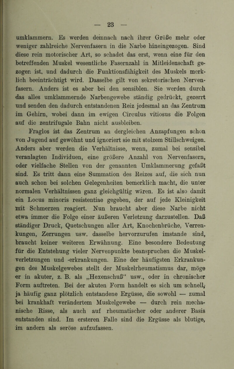 umklammern. Es werden demnach nach ihrer Größe mehr oder weniger zahlreiche Nervenfasern in die Narbe hineingezogen. Sind diese rein motorischer Art, so schadet das erst, wenn eine für den betreffenden Muskel wesentliche Fasernzahl in Mitleidenschaft ge- zogen ist, und dadurch die Funktionsfähigkeit des Muskels merk- lich beeinträchtigt wird. Dasselbe gilt von sekretorischen Nerven- fasern. Anders ist es aber bei den sensiblen. Sie werden durch das alles umklammernde Narbengewebe ständig gedrückt, gezerrt und senden den dadurch entstandenen Beiz jedesmal an das Zentrum im Gehirn, wobei dann im ewigen Circulus vitiosus die Folgen auf die zentrifugale Bahn nicht ausbleiben. Fraglos ist das Zentrum an dergleichen Anzapfungen schon von Jugend auf gewöhnt und ignoriert sie mit stolzem Stillschweigen. Anders aber werden die Verhältnisse, wenn, zumal bei sensibel veranlagten Individuen, eine größere Anzahl von Nervenfasern, oder vielfache Stellen von der genannten Umklammerung gefaßt sind. Es tritt dann eine Summation des Beizes auf, die sich nun auch schon bei solchen Gelegenheiten bemerklich macht, die unter normalen Verhältnissen ganz gleichgültig wären. Es ist also damit ein Locus minoris resistentiae gegeben, der auf jede Kleinigkeit mit Schmerzen reagiert. Nun braucht aber diese Narbe nicht etwa immer die Folge einer äußeren Verletzung darzustellen. Daß ständiger Druck, Quetschungen aller Art, Knochenbrüche, Verren- kungen, Zerrungen usw. dasselbe hervorzurufen imstande sind, braucht keiner weiteren Erwähnung. Eine besondere Bedeutung für die Entstehung vieler Nervenpunkte beanspruchen die Muskel- verletzungen und -erkrankungen. Eine der häufigsten Erkrankun- gen des Muskelgewebes stellt der Muskelrheumatismus dar, möge er in akuter, z. B. als „Hexenschuß“ usw., oder in chronischer Form auftreten. Bei der akuten Form handelt es sich um schnell; ja häufig ganz plötzlich entstandene Ergüsse, die sowohl — zumal bei krankhaft verändertem Muskelgewebe — durch rein mecha- nische Eisse, als auch auf rheumatischer oder anderer Basis entstanden sind. Im ersteren Falle sind die Ergüsse als blutige, im andern als seröse aufzufassen.