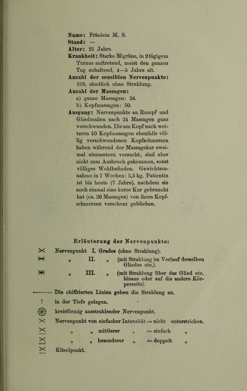 Name: Fräulein M. S. Stand: — Krankheit: Starke Migräne, in 2tägigem Turnus auftretend, meist den ganzen Tag anhaltend, 4—5 Jahre alt. Anzahl der sensiblen Nerrenpunkte: 103, sämtlich ohne Strahlung. Anzahl der Massagen: a) ganze Massagen: 24. b) Kopfmassagen: 50. Ansgang: Nervenpunkte an Rumpf und Gliedmaßen nach 24 Massagen ganz verschwunden. Die am Kopf nach wei- teren 50 Kopfmassagen ebenfalls völ- lig verschwundenen Kopfschmerzen haben während der Massagekur zwei- mal einzusetzen versucht, sind aber nicht zum Ausbruch gekommen, sonst völliges Wohlbefinden. Gewichtszu- ist bis heute (7 Jahre), nachdem sie noch einmal eine kurze Kur gebraucht hat (ca. 20 Massagen) von ihren Kopf- schmerzen verschont geblieben. X Nervenpunkt I. Grades (ohne Strahlung). perseite). „ „ besonderer „ = doppelt „