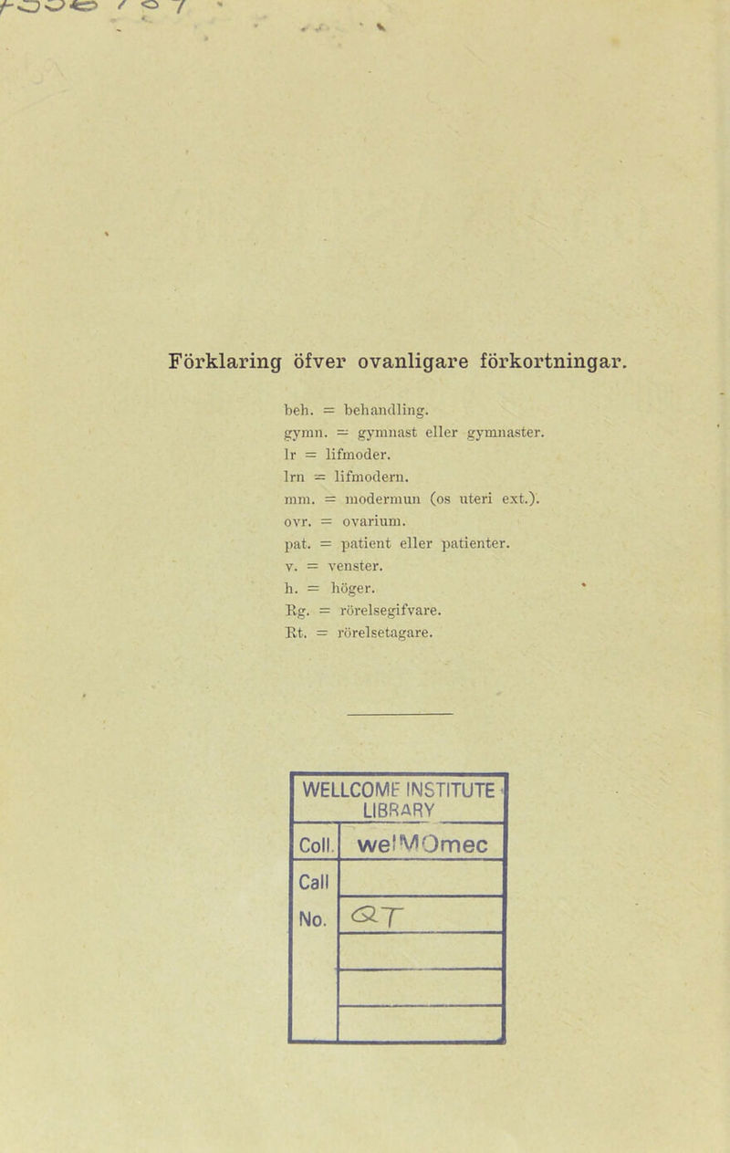 Förklaring öfver ovanligare förkortningar. beh. = behandling. gymn. = gymnast eller gymnaster. Ir = lifmoder. lrn — lifmodem. mm. = modermun (os nteri ext.). ovr. = ovarium. pat. = patient eller patienter. v. = venster. h. = höger. lig. = rörelsegifvare. Rt. = rörelsetagare. WELLCOME INSTITUTE ■ LIBRARY Coll wefWOmec Call No. &T