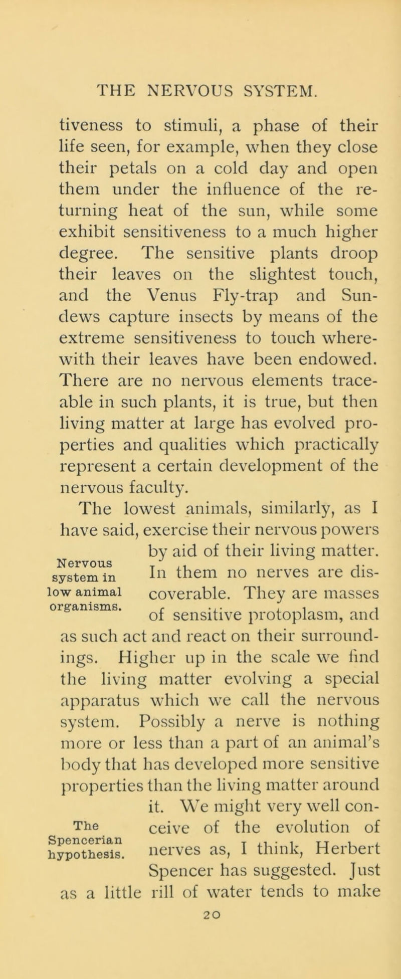 tiveness to stimuli, a phase of their life seen, for example, when they close their petals on a cold day and open them under the influence of the re- turning heat of the sun, while some exhibit sensitiveness to a much higher degree. The sensitive plants droop their leaves on the slightest touch, and the Venus Fly-trap and Sun- dews capture insects by means of the extreme sensitiveness to touch where- with their leaves have been endowed. There are no nervous elements trace- able in such plants, it is true, but then living matter at large has evolved pro- perties and qualities which practically represent a certain development of the nervous faculty. The lowest animals, similarly, as I have said, exercise their nervous powers by aid of their living matter. Nervous J system in In them no nerves are dis- low animal coverable. They are masses organisms. f ... , , , of sensitive protoplasm, and as such act and react on their surround- ings. Higher up in the scale we find the living matter evolving a special apparatus which we call the nervous system. Possibly a nerve is nothing more or less than a part of an animal’s body that has developed more sensitive properties than the living matter around it. We might very well con- The ceive of the evolution of hypothesis. 11C1VCS clSj I think; Hcibcit Spencer has suggested. Just as a little rill of water tends to make