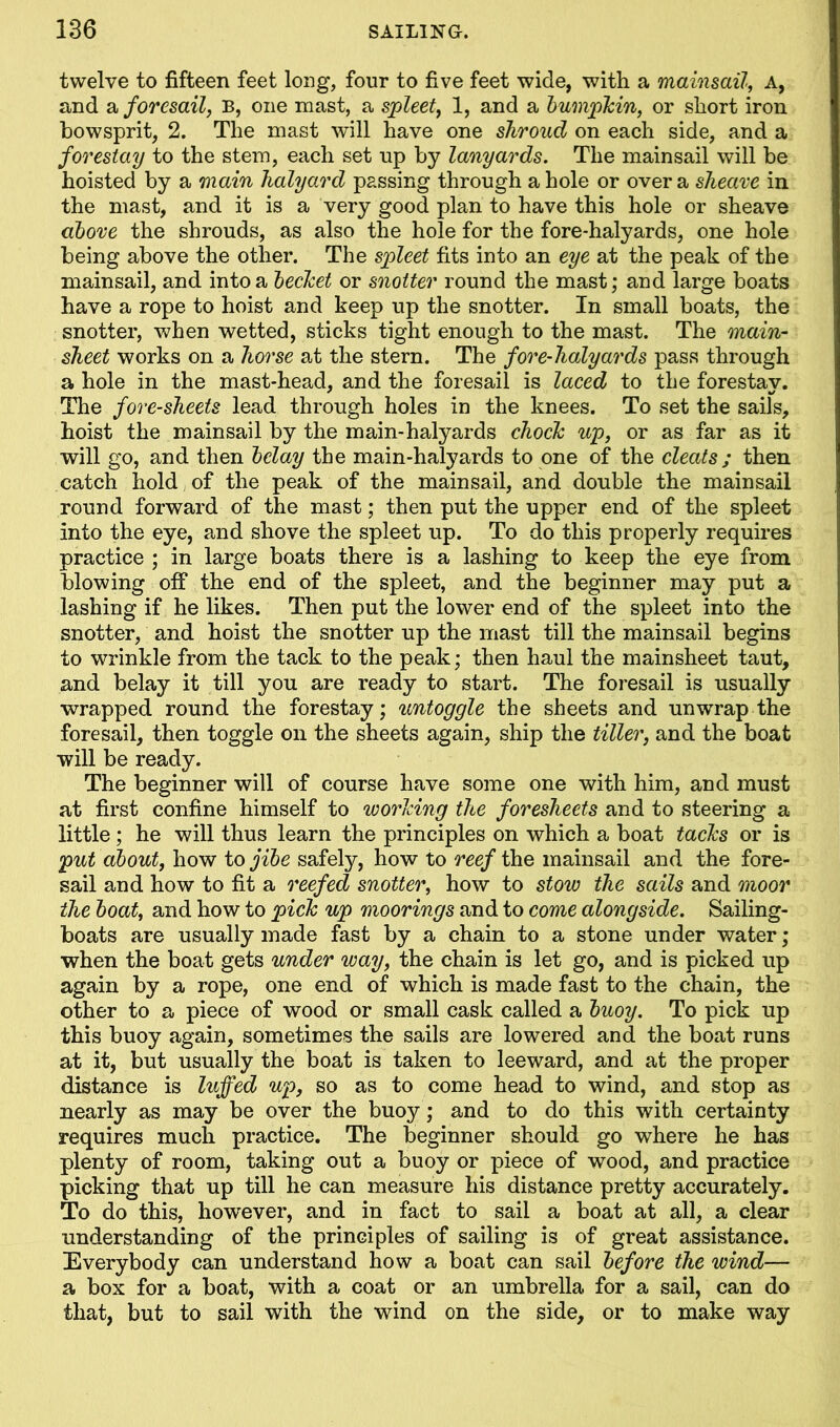 twelve to fifteen feet long, four to five feet wide, with a mainsail, A, and a foresail, B, one mast, a spleet, 1, and a bumpkin, or short iron bowsprit, 2. The mast will have one shroud on each side, and a forestay to the stem, each set np by lanyards. The mainsail will be hoisted by a main halyard passing through a hole or over a sheave in the mast, and it is a very good plan to have this hole or sheave above the shrouds, as also the hole for the fore-halyards, one hole being above the other. The spleet fits into an eye at the peak of the mainsail, and into a becket or snotter round the mast; and large boats have a rope to hoist and keep up the snotter. In small boats, the snotter, when wetted, sticks tight enough to the mast. The main- sheet works on a horse at the stern. The fore-halyards pass through a hole in the mast-head, and the foresail is laced to the forestav. The fore-sheets lead through holes in the knees. To set the sails, hoist the mainsail by the main-halyards chock up, or as far as it will go, and then belay the main-halyards to one of the cleats; then catch hold of the peak of the mainsail, and double the mainsail round forward of the mast; then put the upper end of the spleet into the eye, and shove the spleet up. To do this properly requires practice ; in large boats there is a lashing to keep the eye from blowing off the end of the spleet, and the beginner may put a lashing if he likes. Then put the lower end of the spleet into the snotter, and hoist the snotter up the mast till the mainsail begins to wrinkle from the tack to the peak; then haul the mainsheet taut, and belay it till you are ready to start. The foresail is usually wrapped round the forestay; untoggle the sheets and unwrap the foresail, then toggle on the sheets again, ship the tiller, and the boat will be ready. The beginner will of course have some one with him, and must at first confine himself to working the foresheets and to steering a little; he will thus learn the principles on which a boat tacks or is put about, how to jibe safely, how to reef the mainsail and the fore- sail and how to fit a reefed snotter, how to stow the sails and moor the boat, and how to pick up moorings and to come alongside. Sailing- boats are usually made fast by a chain to a stone under water; when the boat gets under way, the chain is let go, and is picked up again by a rope, one end of which is made fast to the chain, the other to a piece of wood or small cask called a buoy. To pick up this buoy again, sometimes the sails are lowered and the boat runs at it, but usually the boat is taken to leeward, and at the proper distance is luffed up, so as to come head to wind, and stop as nearly as may be over the buoy; and to do this with certainty requires much practice. The beginner should go where he has plenty of room, taking out a buoy or piece of wood, and practice picking that up till he can measure his distance pretty accurately. To do this, however, and in fact to sail a boat at all, a clear understanding of the principles of sailing is of great assistance. Everybody can understand how a boat can sail before the wind— a box for a boat, with a coat or an umbrella for a sail, can do that, but to sail with the wind on the side, or to make way