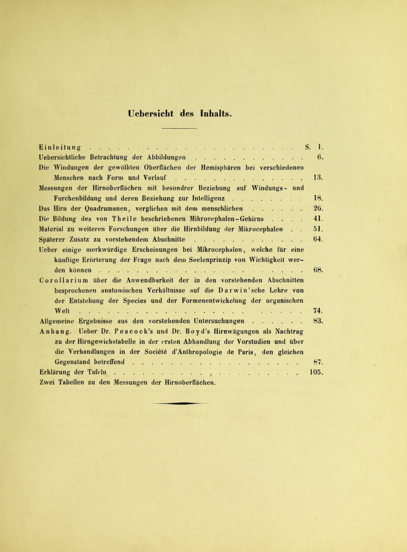 Uebersicht des Inhalts. Einleitung S. 1. Uebersichtliche Betrachtung der Abbildungen 6. Die Windungen der gewölbten Oberflächen der Hemisphären bei verschiedenen Menschen nach Form und Verlauf 13. Messungen der Hirnoberflächen mit besondrer Beziehung auf Windungs- und Furchenbildung und deren Beziehung zur Intelligenz 18. Das Hirn der Quadrumanen, verglichen mit dem menschlichen 26. Die Bildung des von Th eile beschriebenen Mikrocephalen-Gehirns .... 41. Material zu weiteren Forschungen über die Hirnbildung der Mikrocephalen . . 51. Späterer Zusatz zu vorstehendem Abschnitte 64. Ueber einige merkwürdige Erscheinungen bei Mikrocephalen, welche für eine künftige Erörterung der Frage nach dem Seelenprinzip von Wichtigkeit wer- den können 68. Corollarium über die Anwendbarkeit der in den vorstehenden Abschnitten besprochenen anatomischen Verhältnisse auf die Darwin'sehe Lehre von der Entstehung der Species und der Formenentwickelung der organischen Welt . 74. Allgemeine Ergebnisse aus den vorstehenden Untersuchungen 83. Anhang. Ueber Dr. Peacock’s und Dr. Boyd’s Hirnwägungen als Nachtrag zu der Hirngewichstabelle in der ersten Abhandlung der Vorstudien und über die Verhandlungen in der Societö d’Anthropologie de Paris, den gleichen Gegenstand betreffend 87. Erklärung der Tafeln , 105. Zwei Tabellen zu den Messungen der Hirnoberflächen.