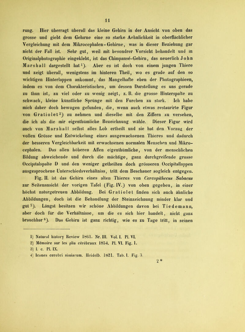 rung. Hier überragt überall das kleine Gehirn in der Ansicht von oben das grosse und giebt dem Gehirne eine so starke Aehnlichkeit in oberflächlicher Vergleichung mit dem Mikrocephalen-Gehirne, was in dieser Beziehung gar nicht der Fall ist. Sehr gut, weil mit besondrer Vorsicht behandelt und in Originalphotographie eingeklebt, ist das Chimpanse-Gehirn, das neuerlich John Mars hall dargestellt hat 13- Aber es ist doch von einem jungen Thiere und zeigt überall, wenigstens im hinteren Theil, wo es grade auf den so wichtigen Hinterlappen ankommt, das Mangelhafte eben der Photographieen, indem es von dem Charakteristischen, um dessen Darstellung es uns gerade zu thun ist, zu viel oder zu wenig zeigt, z. B. die grosse Hinterspalte zu schwach, kleine künstliche Sprünge mit den Furchen zu stark. Ich habe mich daher doch bewogen gefunden, die, wenn auch etwas restaurirte Figur von Gratiolet2) zu nehmen und dieselbe mit den Ziffern zu versehen, die ich als die mir eigenthümliche Bezeichnung wähle. Dieser Figur wird auch von Mars ha II selbst alles Lob ertheilt und sie hat den Vorzug der vollen Grösse und Entwickelung eines ausgewachsenen Thieres und dadurch der besseren Vergleichbarkeit mit erwachsenen normalen Menschen und Mikro- cephalen. Das allen höheren Affen eigenthümliche, von der menschlichen Bildung abweichende und durch die mächtige, ganz durchgreifende grosse Oceipitalspalle D und- den weniger getheilten doch grösseren Occipitallappen ausgesprochene Unterschiedsverhältniss, tritt dem Beschauer sogleich entgegen. Fig. II. ist das Gehirn eines allen Thieres von Cercopähecus Sabaeus zur Seitenansicht der vorigen Tafel (_Fig. IV.) von oben gegeben, in einer höchst naturgetreuen Abbildung. Bei Gratiolet finden sich auch ähnliche Abbildungen, doch ist die Behandlung der Steinzeichnung minder klar und gut3). Längst besitzen wir schöne Abbildungen davon bei Tiedemann, aber doch für die Verhältnisse, um die es sich hier handelt, nicht ganz brauchbar4). Das Gehirn ist ganz richtig, wie es zu Tage tritt, in seinen 1) Natural history Review 1861. Nr. III. Vol. I. PI. VI. 2) Mömoire sur les plis cörebraux 1854. PI. VI. Fig. 1. 3) 1. c. PI. IX. 4) lcones cerebn simiarum. Heidelb. 1821. Tab. I. Fig. 3. 2 *