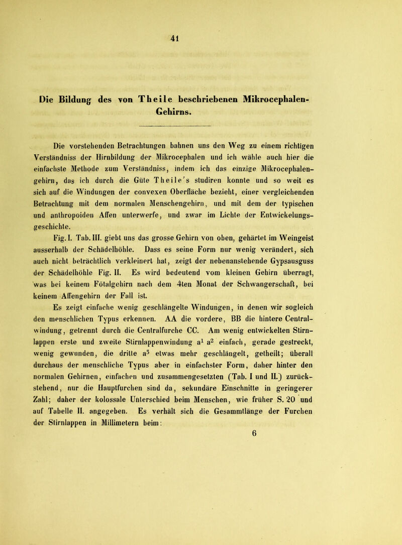 Die Bildung des von T heile beschriebenen Mikrocephalen- Gebirns. Die vorstehenden Betrachtungen bahnen uns den Weg zu einem richtigen Verständniss der Hirnbildung der Mikrocephalen und ich wähle auch hier die einfachste Methode zum Verständniss, indem ich das einzige Mikrocephalen- gehirn, das ich durch die Güte Theile’s studiren konnte und so weit es sich auf die Windungen der convexen Oberfläche bezieht, einer vergleichenden Betrachtung mit dem normalen Menschengehirn, und mit dem der typischen und anthropoiden Affen unterwerfe, und zwar im Lichte der Entwickelungs- geschichte. Fig.I. Tab. III. giebt uns das grosse Gehirn von oben, gehärtet im Weingeist ausserhalb der Schädelhöhle. Dass es seine Form nur wenig verändert, sich auch nicht beträchtlich verkleinert hat, zeigt der nebenanstehende Gypsausguss der Schädelhöhle Fig. IL Es wird bedeutend vom kleinen Gehirn überragt, was bei keinem Fötalgehirn nach dem 4ten Monat der Schwangerschaft, bei keinem Affengehirn der Fall ist. Es zeigt einfache wenig geschlängelte Windungen, in denen wir sogleich den menschlichen Typus erkennen. AA die vordere, BB die hintere Central- windung, getrennt durch die Centralfurche CC. Am wenig entwickelten Stirn- lappen erste und zweite Stirnlappenwindung a1 a2 einfach, gerade gestreckt, wenig gewunden, die dritte a3 etwas mehr geschlängelt, getheilt; überall durchaus der menschliche Typus aber in einfachster Form, daher hinter den normalen Gehirnen, einfachen und zusammengesetzten (Tab. I und II.) zurück- stehend, nur die Hauptfurchen sind da, sekundäre Einschnitte in geringerer Zahl; daher der kolossale Uhlerschied beim Menschen, wie früher S. 20 und auf Tabelle II. angegeben. Es verhält sich die Gesammtlänge der Furchen der Stirnlappen in Millimetern beim: 6