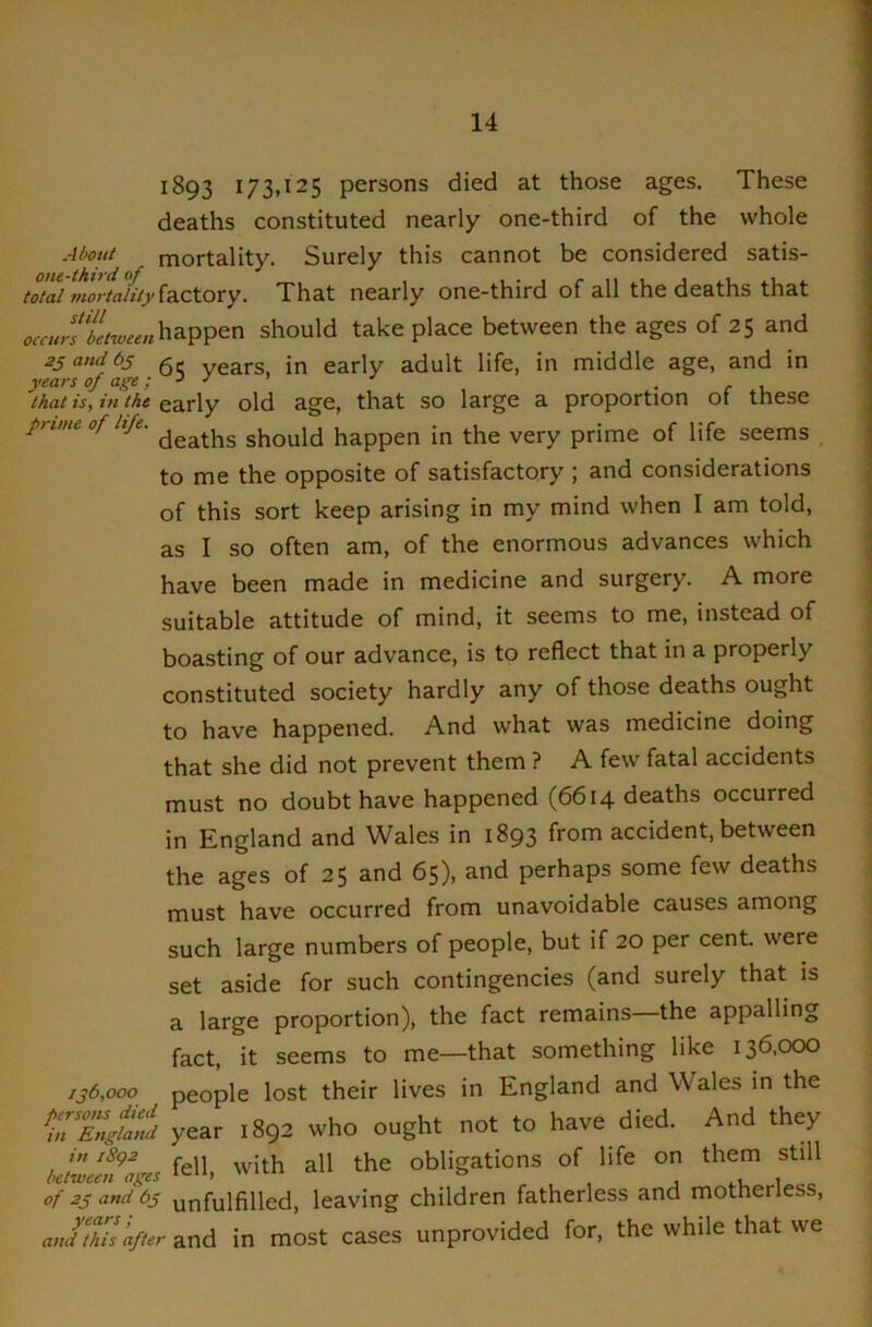 1893 173*^25 persons died at those ages. These deaths constituted nearly one-third of the whole j/wti mortality. Surely this cannot be considered satis- totaVfn!?rta/{/j'(a.ctory. That nearly one-third of all the deaths that 0,curfdLwee>MpP^^ should take place between the ages of 25 and zsamibs g- years, in early adult life, in middle age, and in years of ag’e • r u that is, in the early old age, that so large a proportion of these prime of life, should happen in the very prime of life seems , to me the opposite of satisfactory ; and considerations of this sort keep arising in my mind when I am told, as I so often am, of the enormous advances which have been made in medicine and surgery. A more suitable attitude of mind, it seems to me, instead of boasting of our advance, is to reflect that in a properly constituted society hardly any of those deaths ought to have happened. And what was medicine doing that she did not prevent them ? A few' fatal accidents must no doubt have happened (6614 deaths occurred in England and Wales in 1893 from accident, between the ages of 25 and 65), and perhaps some few deaths must have occurred from unavoidable causes among such large numbers of people, but if 20 per cent, were set aside for such contingencies (and surely that is a large proportion), the fact remains the appalling fact, it seems to me—that something like 136.000 136,000 people lost their lives in England and Wales in the year .892 who ought not to have died. And they in 1892 , j jj obligations of life on them still of 23 anti 6j unfulfilled, leaving children fatherless and motherless, anduZafter zxid. in most cases unprovided for, the while that we