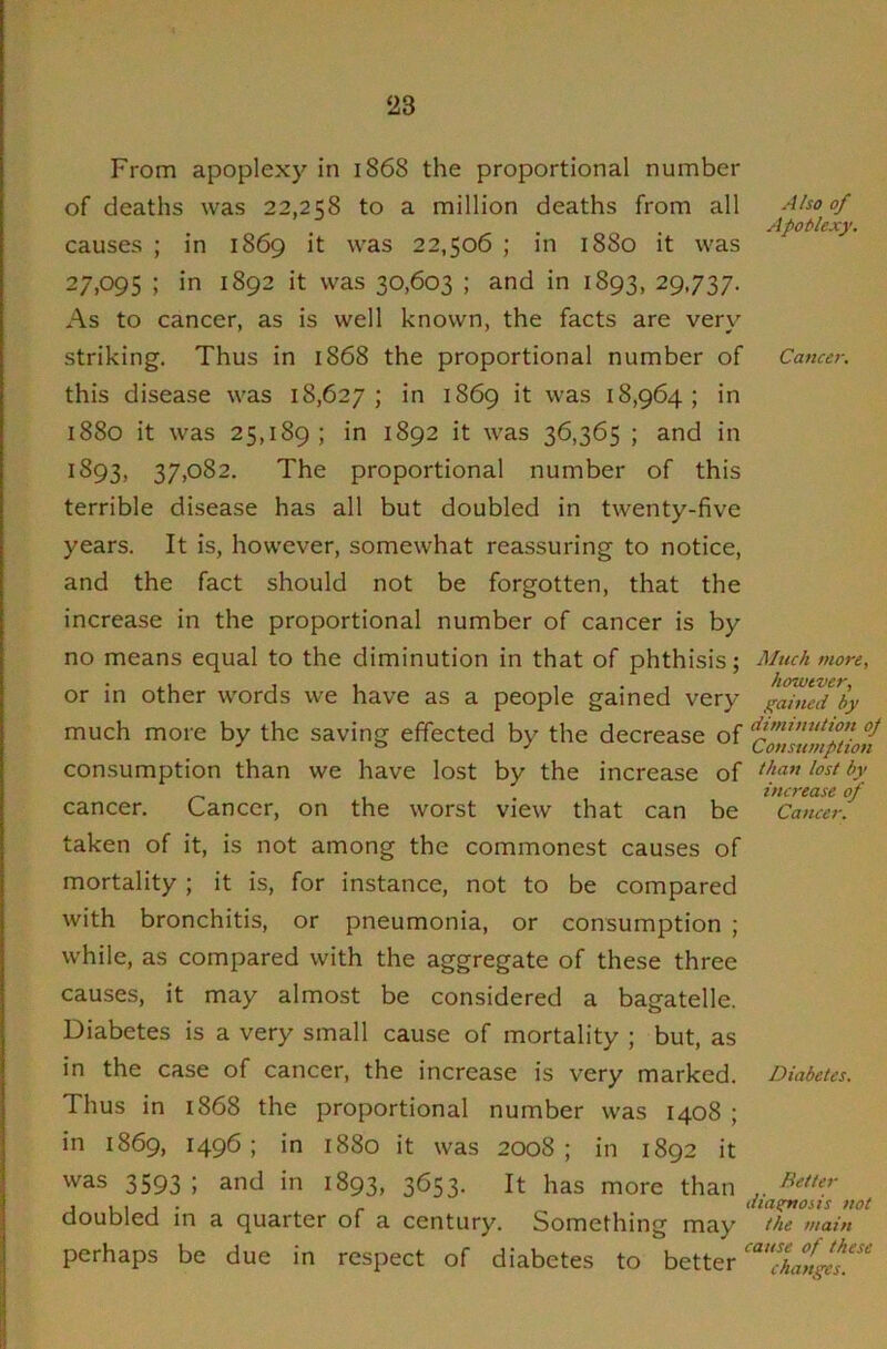 From apoplexy in 1868 the proportional number of deaths was 22,258 to a million deaths from all Also of ApoMexy. causes ; in 1869 it was 22,506 ; in 1880 it was ^7y<^9S ; in 1892 it was 30,603 ; and in 1893, 29,737. As to cancer, as is well known, the facts are very striking. Thus in 1868 the proportional number of Cancer. this disease was 18,627; in 1869 it was 18,964; in 1880 it was 25,189; in 1892 it was 36,365 ; and in 1S93, 37,082. The proportional number of this terrible disease has all but doubled in twenty-five years. It is, however, somewhat reassuring to notice, and the fact should not be forgotten, that the increase in the proportional number of cancer is by no means equal to the diminution in that of phthisis; more, or in other words we have as a people gained very by much more by the saving effected by the decrease of consumption than we have lost by the increase of h’ increase of cancer. Lancer, on the worst view that can be Cancer. taken of it, is not among the commonest causes of mortality ; it is, for instance, not to be compared with bronchitis, or pneumonia, or consumption ; while, as compared with the aggregate of these three causes, it may almost be considered a bagatelle. Diabetes is a very small cause of mortality ; but, as in the case of cancer, the increase is very marked. Diabetes. Thus in 1868 the proportional number was 1408 ; in 1869, 1496; in 1880 it was 2008; in 1892 it was 3593 ; and in 1893, 3653. It has more than j , , j . diasytosts not doubled in a quarter of a century. Something may the main perhaps be due in respect of diabetes to better