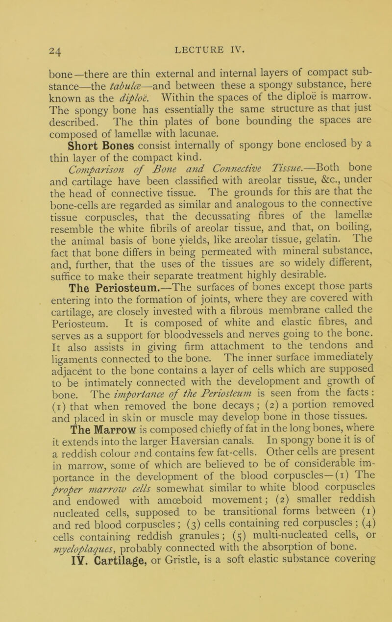 bone—there are thin external and internal layers of compact sub- stance—the ta/^nice—and between these a spongy substance, here known as the diplo'e. Within the spaces of the diploe is marrow. The spongy bone has essentially the same structure as that just described. The thin plates of bone bounding the spaces are composed of lamellce with lacunae. Short Bones consist internally of spongy bone enclosed by a thin layer of the compact kind. Comparison of Bone and Connective Tissue.—Both bone and cartilage have been classified with areolar tissue, &c., under the head of connective tissue. The grounds for this are that the bone-cells are regarded as similar and analogous to the connective tissue corpuscles, that the decussating fibres of the lamellae resemble the white fibrils of areolar tissue, and that, on boiling, the animal basis of bone yields, like areolar tissue, gelatin. The fact that bone differs in being permeated with mineral substance, and, further, that the uses of the tissues are so widely different, suffice to make their separate treatment highly desirable. The Periosteum.—The surfaces of bones except those parts entering into the formation of joints, where they are covered with cartilage, are closely invested with a fibrous membrane called the Periosteum. It is composed of white and elastic fibres, and serves as a support for bloodvessels and nerves going to the bone. It also assists in giving firm attachment to the tendons and ligaments connected to the bone. The inner surface immediately adjacent to the bone contains a layer of cells which are supposed to be intimately connected with the development and growth of bone. The unporta^ice of the Periosteum is seen from the facts; (i) that when removed the bone decays; (2) a portion removed and placed in skin or muscle may develop bone in those tissues. The Marrow is composed chiefly of fat in the long bones, where it extends into the larger Haversian canals. In spongy bone it is of a reddish colour and contains few fat-cells. Other cells are present in marrow, some of which are believed to be of considerable im- portance in the development of the blood corpuscles—-(i) The proper marrow cells somewhat similar to white blood corpuscles and endowed with amoeboid movement; (2) smaller reddish nucleated cells, supposed to be transitional forms between (i) and red blood corpuscles; (3) cells containing red corpuscles ; (4) cells containing reddish granules; (5) multi-nucleated cells, or myeloplaques, probably connected with the absorption of bone. lY. Cartilage, or Gristle, is a soft elastic substance covering
