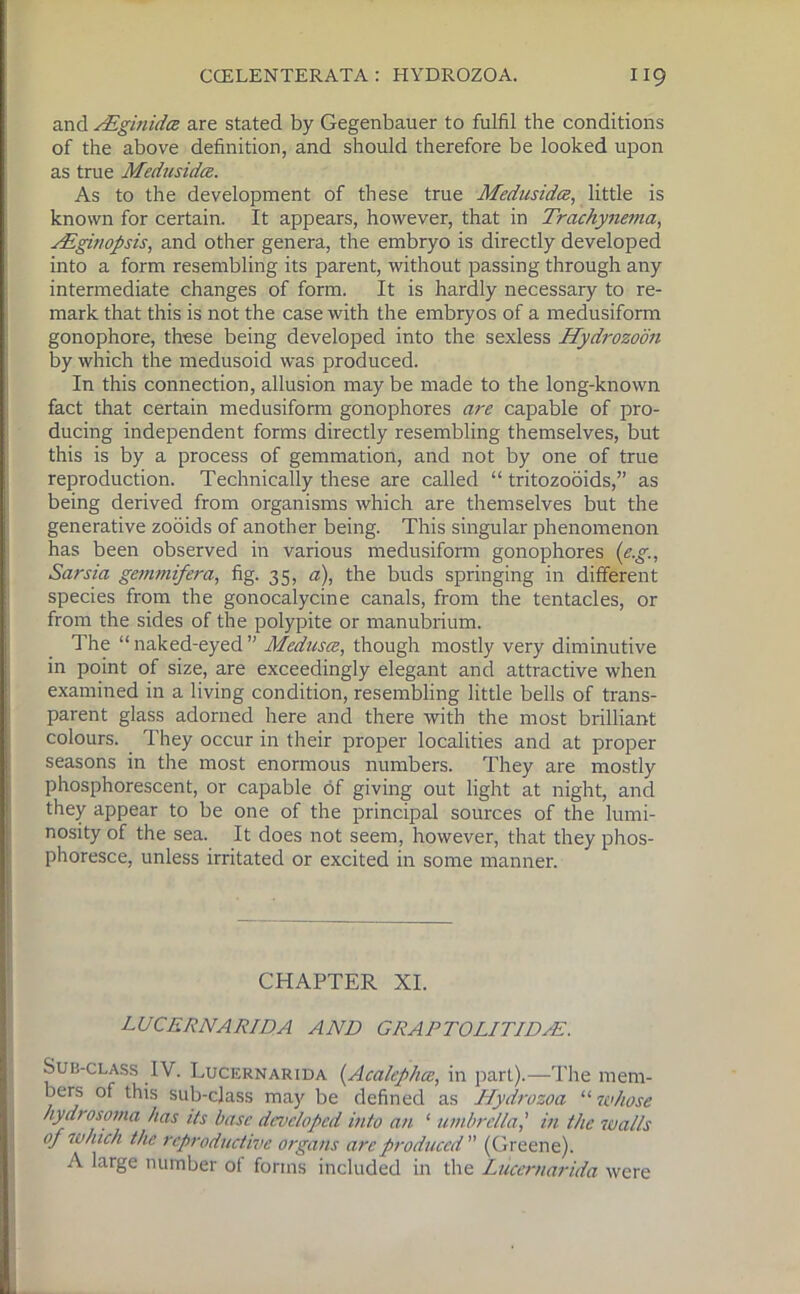 and AEginidce are stated by Gegenbauer to fulfil the conditions of the above definition, and should therefore be looked upon as true Medusidce. As to the development of these true Medusidce, little is known for certain. It appears, however, that in Trachynema, Aiginopsis, and other genera, the embryo is directly developed into a form resembling its parent, without passing through any intermediate changes of form. It is hardly necessary to re- mark that this is not the case with the embryos of a medusiform gonophore, these being developed into the sexless Hydrozoon by which the medusoid was produced. In this connection, allusion may be made to the long-known fact that certain medusiform gonophores are capable of pro- ducing independent forms directly resembling themselves, but this is by a process of gemmation, and not by one of true reproduction. Technically these are called “ tritozooids,” as being derived from organisms which are themselves but the generative zooids of another being. This singular phenomenon has been observed in various medusiform gonophores (e.g., Sarsia gemmifera, fig. 35, a), the buds springing in different species from the gonocalycine canals, from the tentacles, or from the sides of the polypite or manubrium. The “ naked-eyed ” Medusce, though mostly very diminutive in point of size, are exceedingly elegant and attractive when examined in a living condition, resembling little bells of trans- parent glass adorned here and there with the most brilliant colours. They occur in their proper localities and at proper seasons in the most enormous numbers. They are mostly phosphorescent, or capable of giving out light at night, and they appear to be one of the principal sources of the lumi- nosity of the sea. It does not seem, however, that they phos- phoresce, unless irritated or excited in some manner. CHAPTER XI. LUCERNARIDA AND GRA P 7 '0 LIT I D/E. Sub-class IV. Lucernarida (Acalephaj, in part).—The mem- bers of this sub-class may be defined as Hydrozoa “ whose hydrosoma has its base developed into an ‘ umbrella,’ in the walls of which the reproductive organs are produced (Greene). A large number ot forms included in the Lucernarida were