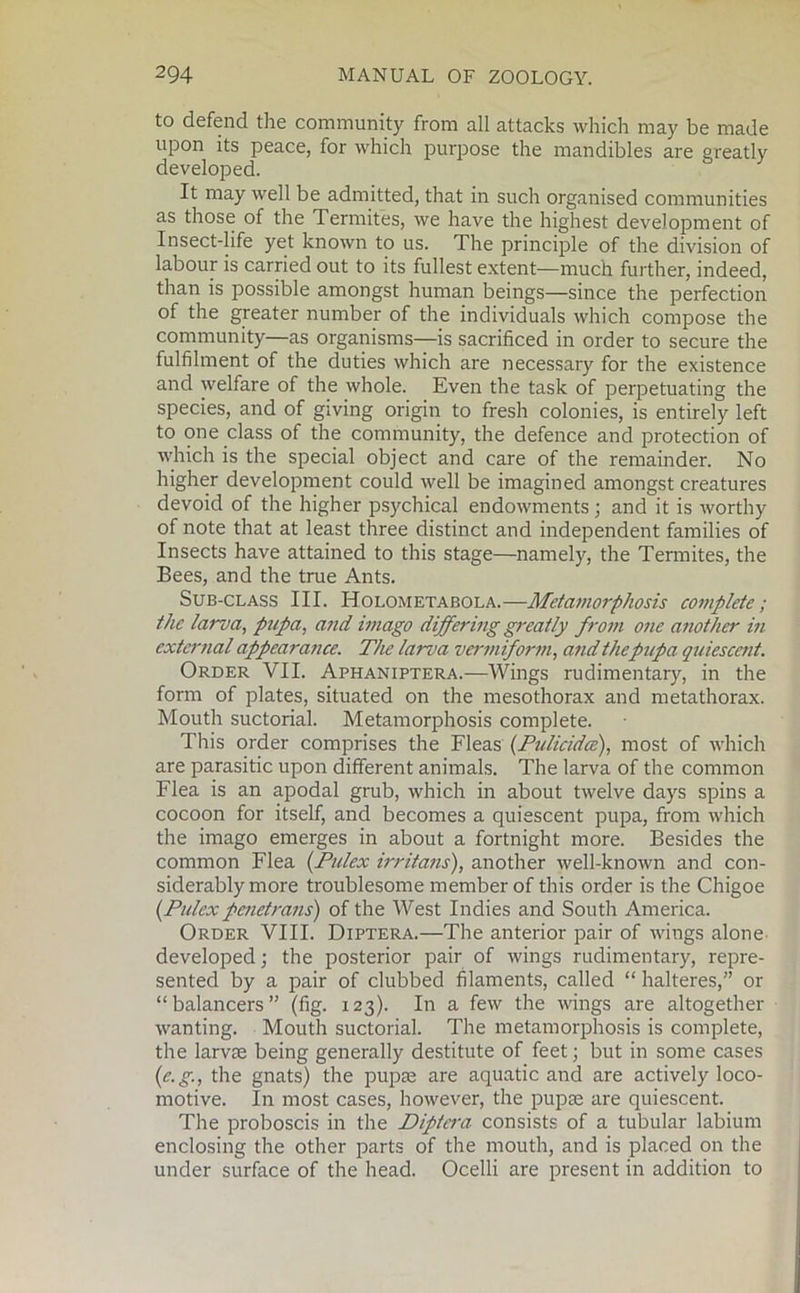 to defend the community from all attacks which may be made upon its peace, for which purpose the mandibles are greatly developed. It may well be admitted, that in such organised communities as those of the Termites, we have the highest development of Insect-life yet known to us. The principle of the division of labour is carried out to its fullest extent—much further, indeed, than is possible amongst human beings—since the perfection of the greater number of the individuals which compose the community—as organisms—is sacrificed in order to secure the fulfilment of the duties which are necessary for the existence and welfare of the whole. Even the task of perpetuating the species, and of giving origin to fresh colonies, is entirely left to one class of the community, the defence and protection of which is the special object and care of the remainder. No higher development could well be imagined amongst creatures devoid of the higher psychical endowments; and it is worthy of note that at least three distinct and independent families of Insects have attained to this stage—namely, the Termites, the Bees, and the true Ants. Sub-class III. Holometabola.—Metamorphosis complete; the larva, pupa, and imago differing greatly from one another in external appearance. The larva vermiform, and thepupa quiescent. Order VII. Aphaniptera.—Wings rudimentary, in the form of plates, situated on the mesothorax and metathorax. Mouth suctorial. Metamorphosis complete. This order comprises the Fleas (Pulicidce), most of which are parasitic upon different animals. The larva of the common Flea is an apodal grub, which in about twelve days spins a cocoon for itself, and becomes a quiescent pupa, from which the imago emerges in about a fortnight more. Besides the common Flea (Pulex irritans), another well-known and con- siderably more troublesome member of this order is the Chigoe {Pulexpenetrans) of the West Indies and South America. Order VIII. Diptera.—The anterior pair of wings alone developed; the posterior pair of wings rudimentary, repre- sented by a pair of clubbed filaments, called “ halteres,” or “balancers” (fig. 123). In a few the wings are altogether wanting. Mouth suctorial. The metamorphosis is complete, the larvae being generally destitute of feet j but in some cases (e.g., the gnats) the pupae are aquatic and are actively loco- motive. In most cases, however, the pupae are quiescent. The proboscis in the Diptera consists of a tubular labium enclosing the other parts of the mouth, and is placed on the under surface of the head. Ocelli are present in addition to