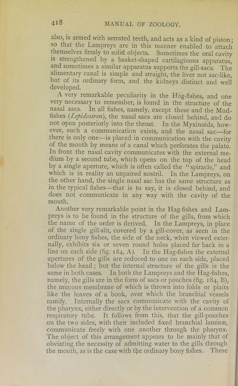 also, is armed with serrated teeth, and acts as a kind of piston; so that the Lampreys are in this manner enabled to attach themselves firmly to solid objects. Sometimes the oral cavity is strengthened by a basket-shaped cartilaginous apparatus, and sometimes a similar apparatus supports the gill-sacs. The alimentary canal is simple and straight, the liver not sac-like, but of its ordinary form, and the kidneys distinct and well developed. A very remarkable peculiarity in the Hag-fishes, and one very necessary to remember, is found in the structure of the nasal sacs. In all fishes, namely, except these and the Mud- fishes (.Lepidosiren), the nasal sacs are closed behind, and do not open posteriorly into the throat. In the Myxinoids, how- ever, such a communication exists, and the nasal sac—for there is only one—is placed in communication with the cavity of the mouth by means of a canal which perforates the palate. In front the nasal cavity communicates with the external me- dium by a second tube, which opens on the top of the head by a single aperture, which is often called the “spiracle,” and which is in reality an unpaired nostril. In the Lampreys, on the other hand, the single nasal sac has the same structure as in the typical fishes—that is to say, it is closed behind, and does not communicate in any way with the cavity of the mouth. Another very remarkable point in the Hag-fishes and Lam- preys is to be found in the structure of the gills, from which the name of the order is derived. In the Lampreys, in place of the single gill-slit, covered by a gill-cover, as seen in the ordinary bony fishes, the side of the neck, when viewed exter- nally, exhibits six or seven round holes placed far back in a line on each side (fig. 184, A). In the Hag-fishes the external apertures of the gills are reduced to one on each side, placed below the head; but the internal structure of the gills is the same in both cases. In both the Lampreys and the Hag-fishes, namely, the gills are in the form of sacs or pouches (fig. 184, B), the mucous membrane of which is thrown into folds or plaits like the leaves of a book, over which the branchial vessels ramify. Internally the sacs communicate with the cavity of the pharynx, either directly or by the intervention of a common respiratory tube. It follows from this, that the gill-pouches on the two sides, with their included fixed branchial laminae, communicate freely with one another through the pharynx. The object of this arrangement appears to be mainly that of obviating the necessity of admitting water to the gills through the mouth, as is the case with t(ie ordinary bony fishes. These