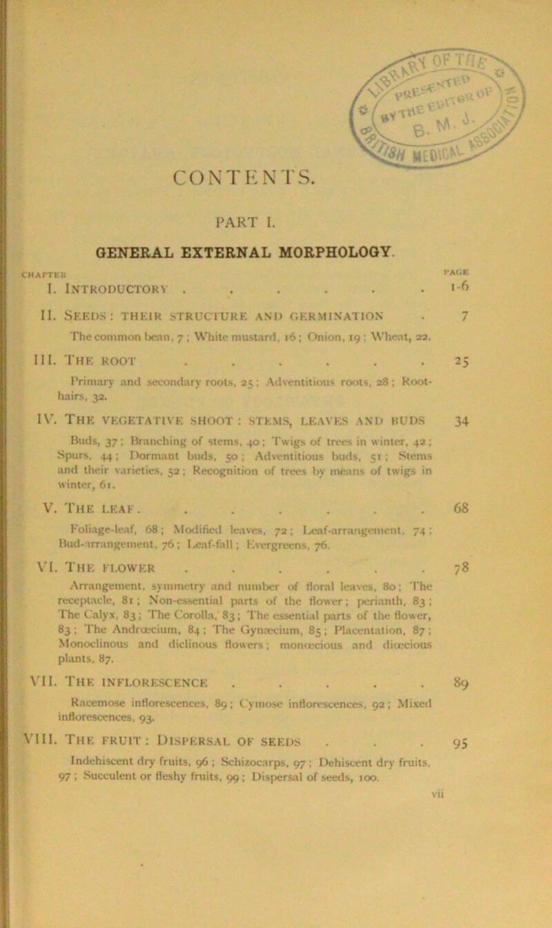 CONTENTS. PART I. GENERAL EXTERNAL MORPHOLOGY CHAPTEK I. IntroductorV ...... II. Seeds: their structure am* germination The common bean, 7; White mustard, 16; Onion. 19: Wheat, 22. III. The root ...... Primary and secondary roots, 25: Adventitious roots, 28; Root- hairs, 32. IV. The vegetative shoot: stems, leaves and buds Buds, 37; Branching of stems, 40: Twigs of trees in winter, 42 ; Spurs, 44: Dormant buds. 50; Adventitious buds, 51 ; Stems and their varieties, 52; Recognition of trees by means of twigs in winter, 6t. V. The leak. ...... Foliage-leaf, 68; Modified leaves, 72; Leaf-arrangement. 74; Bud-arrangement, 76; Leaf-fall; Evergreens, 76. VI. The flower ...... Arrangement, symmetry and number of tioral leaves, 80; The receptacle, 81; Non-essential parts of the flower; perianth, 83; The Calyx, 83; The Corolla, 83; The essential parts of the flower, 83; The Androecium, 84; The Gyntecium, 85; ITacentation, 87; Monocltnous and diclinous flow ers; monoecious and dioecious plants, 87. VII. The inflorescence ..... Racemose inflorescences, 89; C'ymose inflorescences, 92; Mixed inflorescences, 93. VIII. The fruit: Dispersal of seeds Indehiscent dry fruits, 96 ; Schizocarps, 97 ; Dehiscent dry fruits, 97 ; Succulent or fleshy fruits, 99 ; Dispersal of seeds, 100. PACE 1-6 7 25 34 68 78 89 95