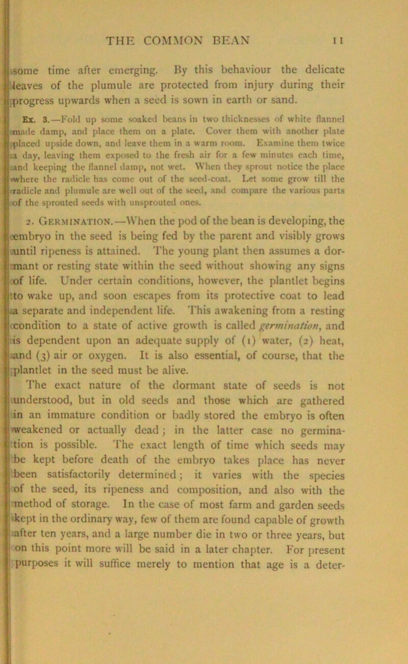 ■some time after emerging. By this behaviour the delicate leaves of the plumule are protected from injury during their [progress upwards when a seed is sown in earth or sand. Ex. 3.—Fold up some soaked beans in two thicknesses of white flannel made damp, and place them on a plate. Cover them with another plate [placed upside down, and leave them in a warm room. Examine them twice ;i day, leaving them exposed to the fresh air for a few minutes each time, . and keeping the flannel damp, not wet. When they sprout notice the place where the radicle has coine out of the seed-coat. Let some grow till the ■radicle and plumule are well out of the seed, and compare the various parts of the sprouted seeds with unsprouted ones. 2. Germination.—When the pod of the bean is developing, the eembryo in the seed is being fed by the parent and visibly grows until ripeness is attained. The young plant then assumes a dor- I rnant or resting state within the seed without showing any signs 1 of life. Under certain conditions, however, the plantlet begins tto wake up, and soon escapes from its protective coat to lead aa separate and independent life. This awakening from a resting (•condition to a state of active growth is called germination, and ;is dependent upon an adequate supply of (i) water, (2) heat, and (3) air or oxygen. It is also essential, of course, that the I plantlet in the seed must be alive. The exact nature of the dormant state of seeds is not I understood, but in old seeds and those which are gathered in an immature condition or badly stored the embryo is often weakened or actually dead; in the latter case no germina- tion is possible. The exact length of time which seeds may be kept before death of the embryo takes place has never been satisfactorily determined; it varies with the species of the seed, its ripeness and composition, and also with the | method of storage. In the case of most farm and garden seeds kept in the ordinary way, few of them are found capable of growth < after ten years, and a large number die in two or three years, but i on this point more will be said in a later chapter. For present purposes it will suffice merely to mention that age is a deter-