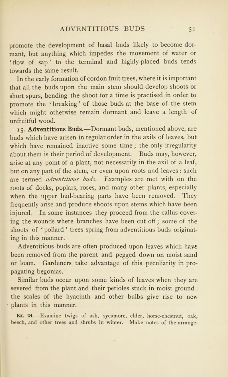 promote the development of basal buds likely to become dor- mant, but anything which impedes the movement of water or ‘ flow of sap ’ to the terminal and highly-placed buds tends towards the same result. In the early formation of cordon fruit-trees, where it is important that all the buds upon the main stem should develop shoots or short spurs, bending the shoot for a time is practised in order to promote the ‘breaking’ of those buds at the base of the stem which might otherwise remain dormant and leave a length of unfruitful wood. 15. Adventitious Buds.—Dormant buds, mentioned above, are buds which have arisen in regular order in the axils of leaves, but which have remained inactive some time; the only irregularity about them is their period of development. Buds may, however, arise at any point of a plant, not necessarily in the axil of a leaf, but on any part of the stem, or even upon roots and leaves : such are termed adventitious buds. Examples are met with on the roots of docks, poplars, roses, and many other plants, especially when the upper bud-bearing parts have been removed. They frequently arise and produce shoots upon stems which have been injured. In some instances they proceed from the callus cover- ing the wounds where branches have been cut off; some of the shoots of ‘ pollard ’ trees spring from adventitious buds originat- ing in this manner. Adventitious buds are often produced upon leaves which have been removed from the parent and pegged down on moist sand or loam. Gardeners take advantage of this peculiarity in pro- pagating begonias. Similar buds occur upon some kinds of leaves when they are severed from the plant and their petioles stuck in moist ground : the scales of the hyacinth and other bulbs give rise to new plants in this manner. Ex. 24.—Examine twigs of ash, sycamore, elder, horse-chestnut, oak, beech, and other trees and shrubs in winter. Make notes of the arrange-