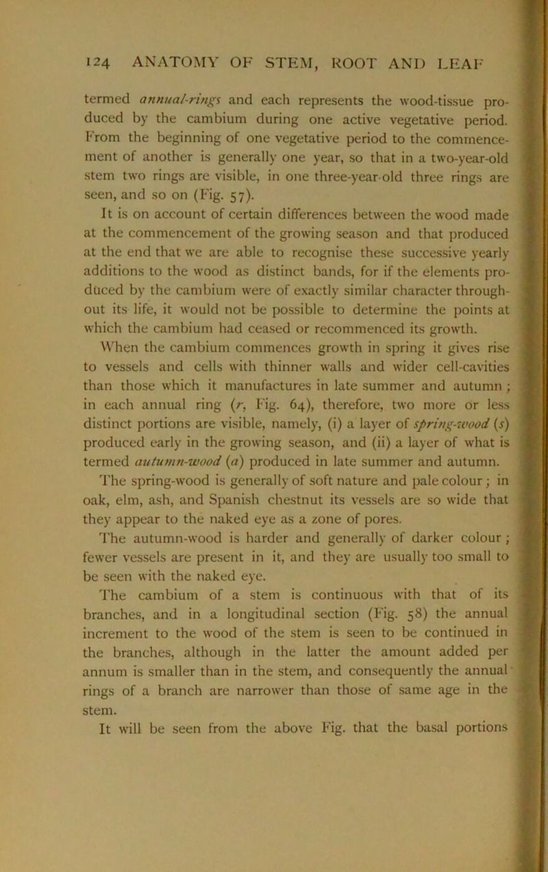 termed annual-rings and each represents the wood-tissue pro- duced by the cambium during one active vegetative period. From the beginning of one vegetative period to the commence- ment of another is generally one year, so that in a two-year-old stem two rings are visible, in one three-year old three rings are seen, and so on (Fig. 57). It is on account of certain differences between the wood made at the commencement of the growing season and that produced at the end that we are able to recognise these successive yearly additions to the wood as distinct bands, for if the elements pro- duced by the cambium were of exactly similar character through- out its life, it would not be possible to determine the points at which the cambium had ceased or recommenced its growth. When the cambium commences growth in spring it gives rise to vessels and cells with thinner walls and wider cell-cavities than those which it manufactures in late summer and autumn ; in each annual ring (r, Fig. 64), therefore, two more or less distinct portions are visible, namely, (i) a layer of spring-wood (s) produced early in the growing season, and (ii) a layer of what is termed autumn-wood (a) produced in late summer and autumn. The spring-wood is generally of soft nature and pale colour; in oak, elm, ash, and Spanish chestnut its vessels are so wide that they appear to the naked eye as a zone of pores. The autumn-wood is harder and generally of darker colour ; fewer vessels are present in it, and they are usually too small to be seen with the naked eye. The cambium of a stem is continuous with that of its branches, and in a longitudinal section (Fig. 58) the annual increment to the wood of the stem is seen to be continued in the branches, although in the latter the amount added per annum is smaller than in the stem, and consequently the annual rings of a branch are narrower than those of same age in the stem. It will be seen from the above Fig. that the basal portions