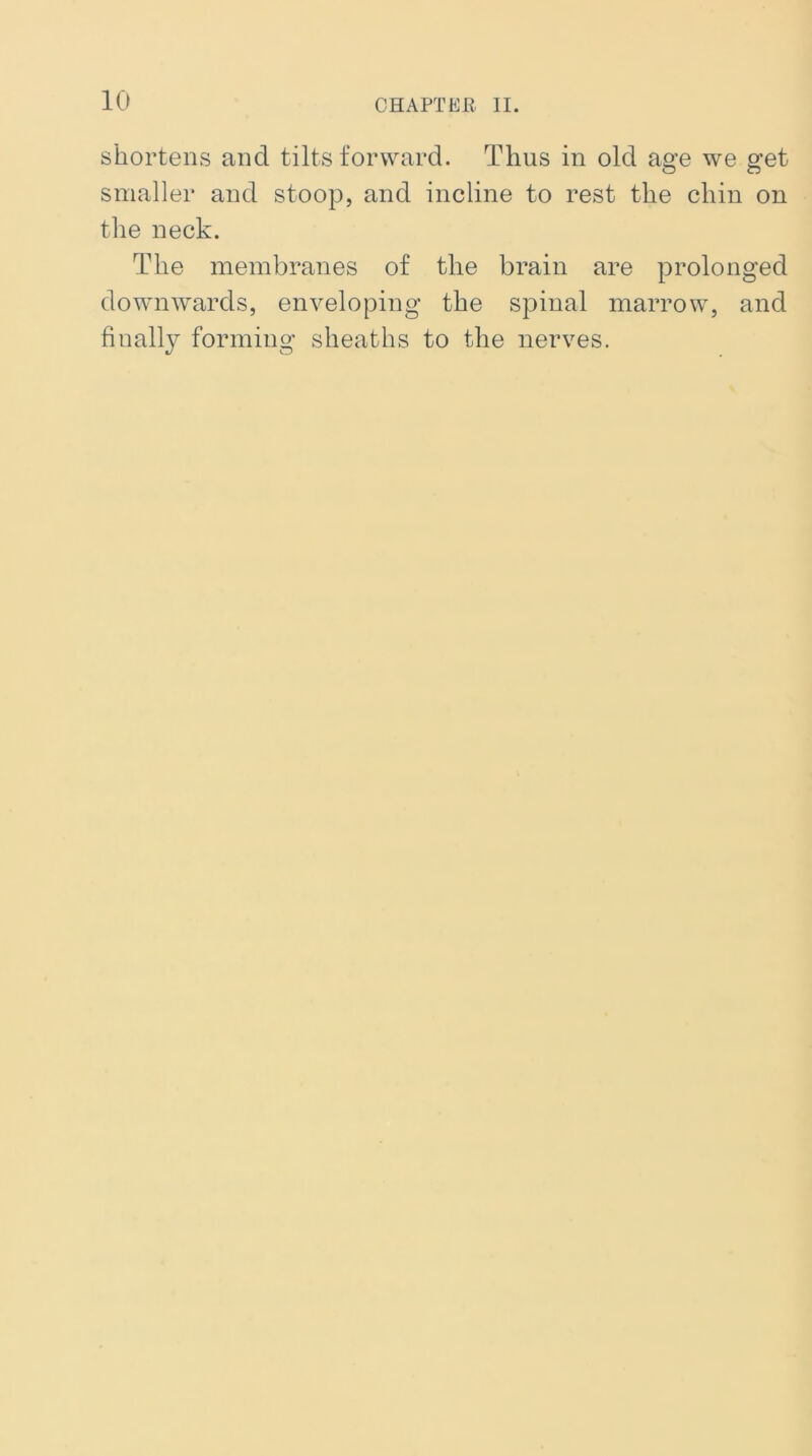 shortens and tilts forward. Thus in old age we get smaller and stoop, and incline to rest the chin on the neck. The membranes of the brain are prolonged downwards, enveloping the spinal marrow, and finally forming sheaths to the nerves.