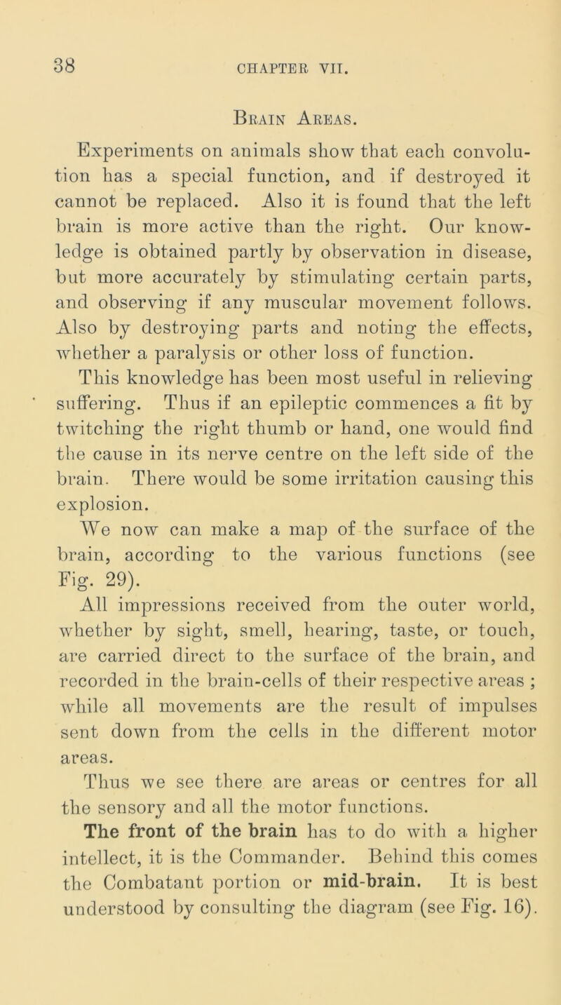 Brain Areas. Experiments on animals show that each convolu- tion has a special function, and if destroyed it cannot be replaced. Also it is found that the left brain is more active than the right. Our know- ledge is obtained partly by observation in disease, but more accurately by stimulating certain parts, and observing if any muscular movement follows. Also by destroying parts and noting the effects, whether a paralysis or other loss of function. This knowledge has been most useful in relieving suffering. Thus if an epileptic commences a fit by twitching the right thumb or hand, one would find the cause in its nerve centre on the left side of the brain. There would be some irritation causing this explosion. We now can make a map of the surface of the brain, according to the various functions (see Fig. 29). All impressions received from the outer world, whether by sight, smell, hearing, taste, or touch, are carried direct to the surface of the brain, and recorded in the brain-cells of their respective areas ; while all movements are the result of impulses sent down from the cells in the different motor areas. Thus we see there are areas or centres for all the sensory and all the motor functions. The front of the brain has to do with a higher intellect, it is the Commander. Behind this comes the Combatant portion or mid-brain. It is best understood by consulting the diagram (see Fig. 16).