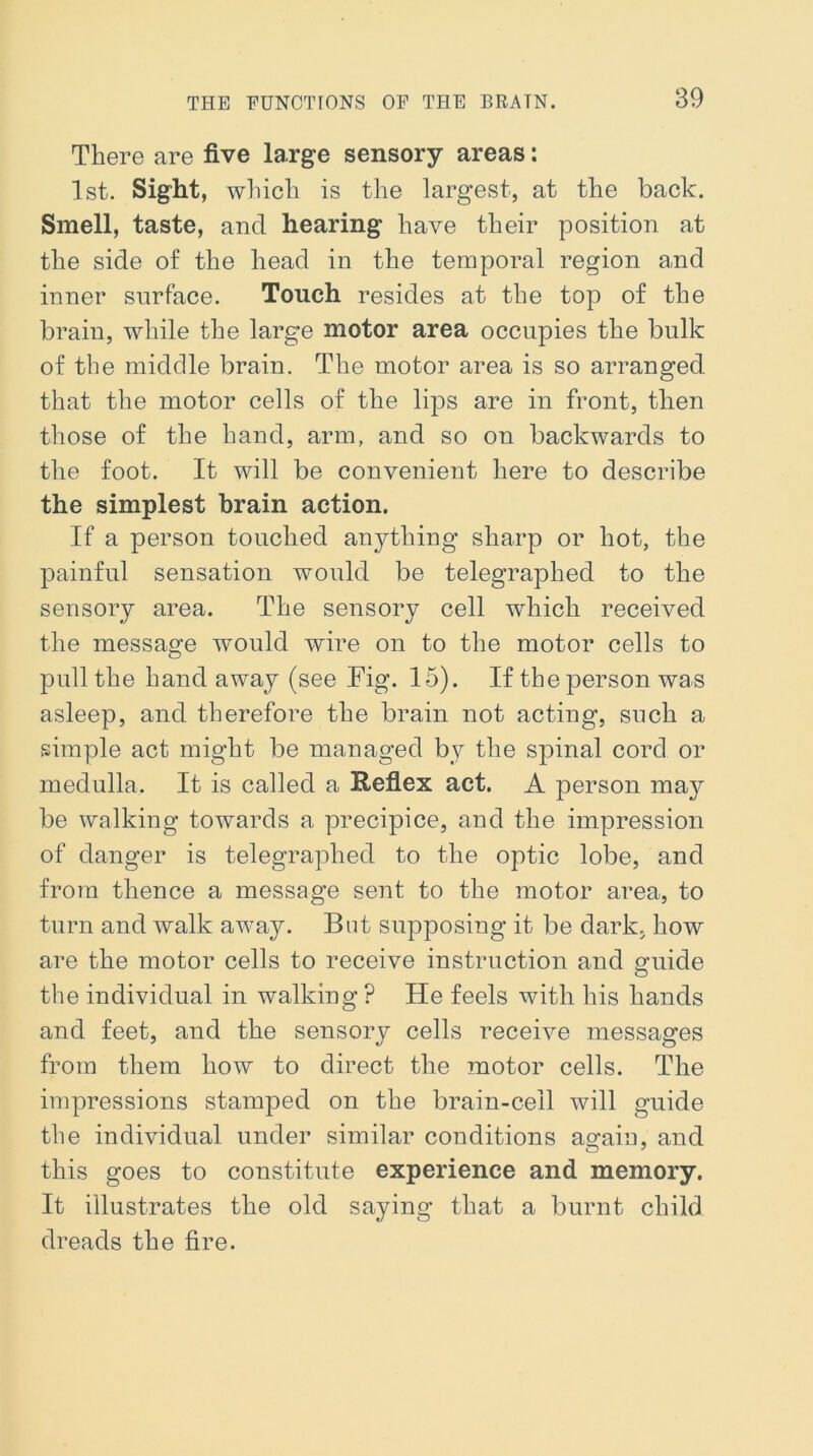 There are five large sensory areas: 1st. Sight, which is the largest, at the back. Smell, taste, and hearing have their position at the side of the head in the temporal region and inner surface. Touch resides at the top of the brain, while the large motor area occupies the bulk of the middle brain. The motor area is so arranged that the motor cells of the lips are in front, then those of the hand, arm, and so on backwards to the foot. It will be convenient here to describe the simplest brain action. If a person touched anything sharp or hot, the painful sensation would be telegraphed to the sensory area. The sensory cell which received the message would wire on to the motor cells to pull the hand away (see Tig. 15). If the person was asleep, and therefore the brain not acting, such a simple act might be managed by the spinal cord or medulla. It is called a Reflex act. A person ma}^ be walking towards a precipice, and the impression of danger is telegraphed to the optic lobe, and from thence a message sent to the motor area, to turn and walk away. But supposing it be dark, how are the motor cells to receive instruction and guide the individual in walking? He feels with his hands and feet, and the sensory cells receive messages from them how to direct the motor cells. The impressions stamped on the brain-cell will guide the individual under similar conditions again, and this goes to constitute experience and memory. It illustrates the old saying that a burnt child dreads the fire.