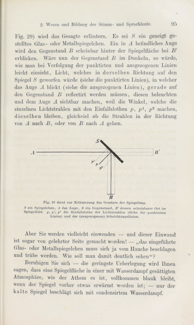 I'ig. 29) wird das Gesagte erläutern. Es sei S ein geneigt ge- stelltes Glas- oder Metallspiegelclien. Ein in A befindliches Auge wird den Gegenstand B scheinbar hinter der Spiegelfläche bei B' erblicken. Wäre nun der Gegenstand B iin Dunkeln, so würde, wie man bei Verfolgung der punktirten und ausgezogenen Linien leicht einsieht, Licht, welches in derselben Richtung auf den Spiegel S geworfen würde (siehe die punktirten Linien), in welcher das Auge A blickt (siehe die ausgezogenen Linien), gerade auf den Gegenstand B reflectirt werden müssen, diesen beleuchten und dem Auge A sichtbar machen, weil die Winkel, welche die einzelnen Lichtstrahlen mit den Einfallslotlien 2)i j?1, machen, dieselben bleiben, gleichviel ob die Strahlen in der Richtung von A nach B, oder von B nach A gehen. Fig. 29 dient zur Erläriterung des Gesetzes der Spiegelung. S ein Spiegelclien, A das Auge, B ein Gegenstand, B' dessen scheinbarer Ort im Spiegelbild, p, p', p'1 die Einfallslothe der Lichtstrahlen (siehe die punktirten Linien) und der (ausgezogenen) Sehrichtungslinien. Aber Sie werden vielleicht einwenden — und dieser Einwand ist sogar von gelehrter Seite gemacht worden! — „das eingeführte Glas- oder Metallspiegelchen muss sich ja vom Hauche beschlagen und trübe werden. Wie soll man damit deutlich sehen“? Beruhigen Sie sich — die geringste Ueberlegung wird Ihnen sagen, dass eine Spiegelfläche in einer mit Wasserdampf gesättigten Atmosphäre, wie der Athem es ist, vollkommen blank bleibt, wenn der Spiegel vorher etwas erwärmt worden ist; — nur der kalte Spiegel beschlägt sich mit condensirtem Wasserdampf.