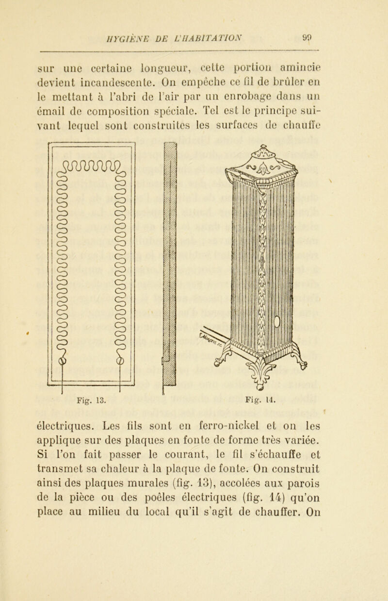 sur une certaine longueur, cette portion amincie devient incandescente. On empêche ce 01 de brûler en le mettant à l’abri de Pair par un enrobage dans un émail de composition spéciale. Tel est le principe sui- vant lequel sont construites les surfaces de chauffe électriques. Les fils sont en ferro-nickel et on les applique sur des plaques en fonte de forme très variée. Si l’on fait passer le courant, le fîl s’échauffe et transmet sa chaleur à la plaque de fonte. On construit ainsi des plaques murales (fîg. 13), accolées aux parois de la pièce ou des poêles électriques (fig. 14) qu’on place au milieu du local qu’il s’agit de chauffer. On