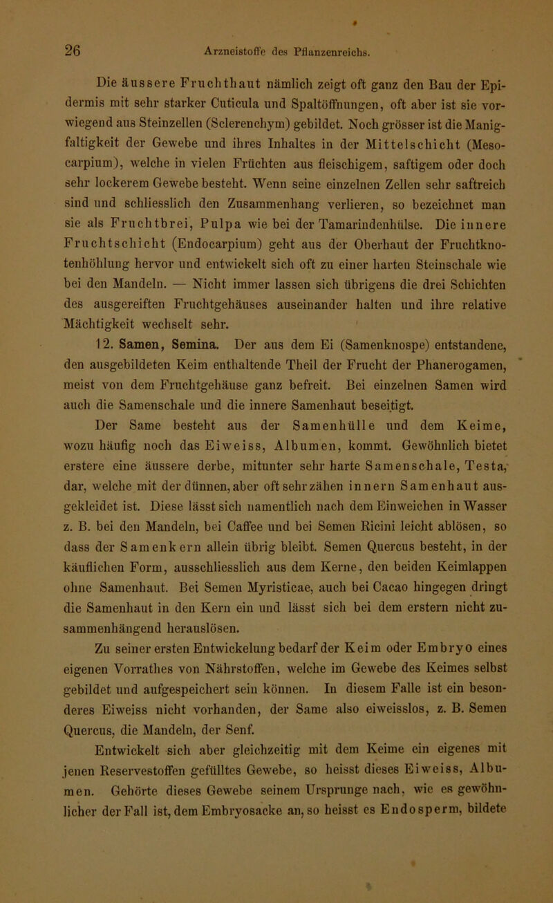 Die äussere Fruchthaut nämlich zeigt oft ganz den Bau der Epi- dermis mit sehr starker Cuticula und Spaltöffnungen, oft aber ist sie vor- wiegend aus Steinzellen (Sclerenchym) gebildet. Noch grösser ist die Manig- faltigkeit der Gewebe und ihres Inhaltes in der Mittelschicht (Meso- carpium), welche in vielen Früchten aus fleischigem, saftigem oder doch sehr lockerem Gewebe besteht. Wenn seine einzelnen Zellen sehr saftreich sind und schliesslich den Zusammenhang verlieren, so bezeichnet man sie als Fruchtbrei, Pulpa wie bei der Tamarindenhülse. Die innere Fruchtschicht (Endocarpium) geht aus der Oberhaut der Fruchtkno- tenhöhlung hervor und entwickelt sich oft zu einer harten Steinschale wie bei den Mandeln. — Nicht immer lassen sich übrigens die drei Schichten des ausgereiften Fruchtgehäuses auseinander halten und ihre relative Mächtigkeit wechselt sehr. 12. Samen, Semina. Der aus dem Ei (Samenknospe) entstandene, den ausgebildeten Keim enthaltende Theil der Frucht der Phanerogamen, meist von dem Fruchtgehäuse ganz befreit. Bei einzelnen Samen wird auch die Samenschale und die innere Samenhaut beseitigt. Der Same besteht aus der Samenhülle und dem Keime, wozu häufig noch das Eäweiss, Albumen, kommt. Gewöhnlich bietet erstere eine äussere derbe, mitunter sehr harte Samenschale, Testa, dar, welche mit der dünnen, aber oft sehr zähen innern Samenhaut aus- gekleidet ist. Diese lässt sich namentlich nach dem Einweichen in Wasser z. B. bei den Mandeln, bei Caffee und bei Semen Ricini leicht ablösen, so dass der Samenkern allein übrig bleibt. Semen Quercus besteht, in der käuflichen Form, ausschliesslich aus dem Kerne, den beiden Keimlappen ohne Samenhaut. Bei Semen Myristicae, auch bei Cacao hingegen dringt die Samenhaut in den Kern ein und lässt sich bei dem erstem nicht zu- sammenhängend herauslösen. Zu seiner ersten Entwickelung bedarf der Keim oder Embryo eines eigenen Vorrathes von Nährstoffen, welche im Gewebe des Keimes selbst gebildet und aufgespeichert sein können. In diesem Falle ist ein beson- deres Eiweiss nicht vorhanden, der Same also eiweisslos, z. B. Semen Quercus, die Mandeln, der Senf. Entwickelt sich aber gleichzeitig mit dem Keime ein eigenes mit jenen Reservestoffen gefülltes Gewebe, so heisst dieses Eiweiss, Albu- men. Gehörte dieses Gewebe seinem Ursprünge nach, wie es gewöhn- licher der Fall ist, dem Embryosacke an, so heisst es Endosperm, bildete