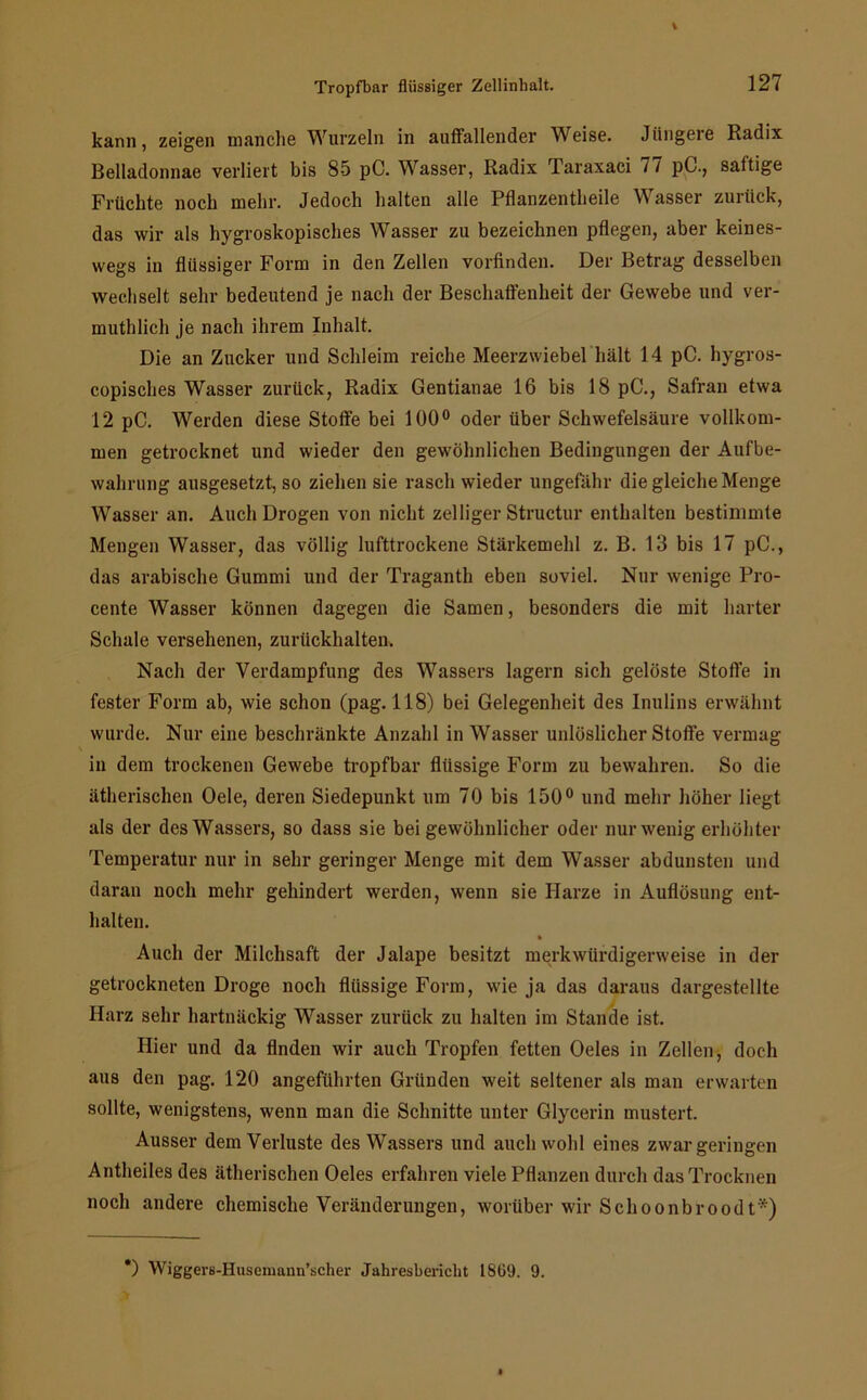 kann, zeigen manche Wurzeln in auffallender Weise. Jüngere Radix Belladonnae verliert bis 85 pC. Wasser, Radix Taraxaci 77 pC., sättige Früchte noch mehr. Jedoch halten alle Pflanzentheile Wasser zurück, das wir als hygroskopisches Wasser zu bezeichnen pflegen, aber keines- wegs in flüssiger Form in den Zellen vorfinden. Der Betrag desselben wechselt sehr bedeutend je nach der Beschaffenheit der Gewebe und ver- muthlich je nach ihrem Inhalt. Die an Zucker und Schleim reiche Meerzwiebel hält 14 pC. hygros- copisches Wasser zurück, Radix Gentianae 16 bis 18 pC., Safran etwa 12 pC. Werden diese Stoffe bei 100° oder über Schwefelsäure vollkom- men getrocknet und wieder den gewöhnlichen Bedingungen der Aufbe- wahrung ausgesetzt, so ziehen sie rasch wieder ungefähr die gleiche Menge Wasser an. Auch Drogen von nicht zelliger Structur enthalten bestimmte Mengen Wasser, das völlig lufttrockene Stärkemehl z. B. 13 bis 17 pC., das arabische Gummi und der Traganth eben soviel. Nur wenige Pro- cente Wasser können dagegen die Samen, besonders die mit harter Schale versehenen, zurückhalten. Nach der Verdampfung des Wassers lagern sich gelöste Stoffe in fester Form ab, wie schon (pag. 118) bei Gelegenheit des Inulins erwähnt wurde. Nur eine beschränkte Anzahl in Wasser unlöslicher Stoffe vermag in dem trockenen Gewebe tropfbar flüssige Form zu bewahren. So die ätherischen Oele, deren Siedepunkt um 70 bis 150° und mehr höher liegt als der des Wassers, so dass sie bei gewöhnlicher oder nur wenig erhöhter Temperatur nur in sehr geringer Menge mit dem Wasser abdunsten und daran noch mehr gehindert werden, wenn sie Harze in Auflösung ent- halten. Auch der Milchsaft der Jalape besitzt merkwürdigerweise in der getrockneten Droge noch flüssige Form, wie ja das daraus dargestellte Harz sehr hartnäckig Wasser zurück zu halten im Stande ist. Hier und da finden wir auch Tropfen fetten Oeles in Zellen, doch aus den pag. 120 angeführten Gründen weit seltener als man erwarten sollte, wenigstens, wenn man die Schnitte unter Glycerin mustert. Ausser dem Verluste des Wassers und auch wohl eines zwar geringen Antheiles des ätherischen Oeles erfahren viele Pflanzen durch das Trocknen noch andere chemische Veränderungen, worüber wir Schoonbroodt*)