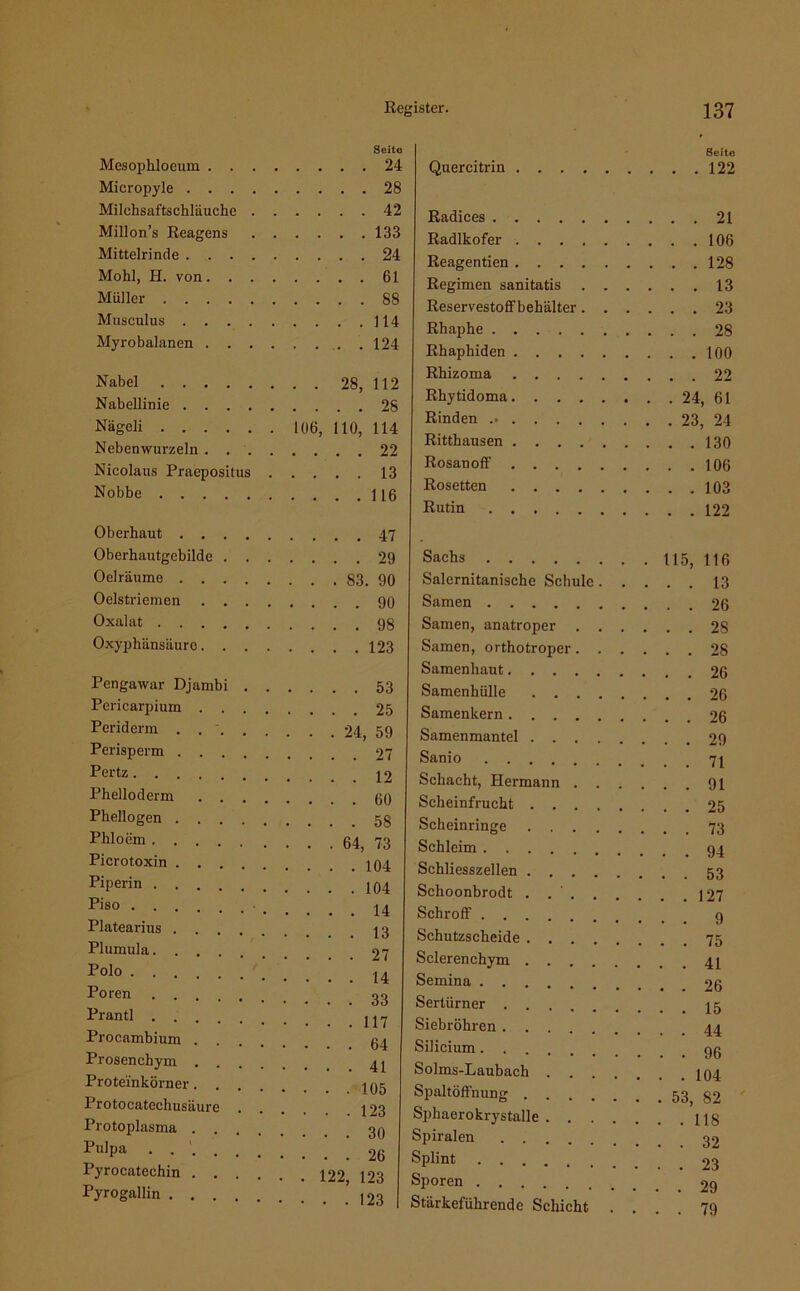 Seite Mesophloeum 24 Micropyle 28 Milchsaftschläuche 42 Millon’s Reagens 133 Mittelrinde 24 Mohl, H. von 61 Müller 88 Musculus 114 Myrobalanen 124 Nabel 28, 112 Nabellinie 28 Nägeli 106, 110, 114 Neben wurzeln . 22 Nieolaus Praepositus 13 Nobbe 116 Oberhaut .... Oberhautgebildc . Oelränme .... Oelstriemen . . . Oxalat .... Oxyphünsäure. . . Pengawar Djambi . 53 Pericarpium . Periderm . . Perisperm . Pcrtz. . . Phelloderm Phellogen . Phloem . . . Picrotoxin . . . Piperin . . . Piso . . . Platearius . Plumula.... Polo . . . Poren . . . Prantl . . Procambium . . 64 Prosenchym . Proteinkörner. Protocatechusäure 123 Protoplasma . Pulpa . . Pyrocatechin . . . • • 122, 123 Pyrogallin .... Quercitrin Seite Radices ... 21 Radlkofer ... 106 Reagentien ... 128 Regimen sanitatis . . . ... 13 Reservestoff behälter. . . ... 23 Rhaphe Rhaphiden Rhizoma Rhytidoma Rinden .• Ritthausen Rosanoff Rosetten Rutin Sachs Salernitanische Schule. . ... 13 Samen Samen, anatroper . . . ... 28 Samen, orthotroper. . . ... 28 Samenhaut Samenhülle 26 Samenkern 26 Samenmantel 29 Sanio 71 Schacht, Hermann 91 Scheinfrucht 25 Scheinringe Schleim Schliesszellen 53 Schoonbrodt . 127 Schroff Schutzscheide 75 Sclerenchym Semina 26 Sertürner Siebröhren 44 Silicium gg Solms-Laubach [94 Spaltöffnung 53, 82 Sphaerokrystalle ns Spiralen 32 Splint 23 Sporen 29 Stärkeführende Schicht .... 79