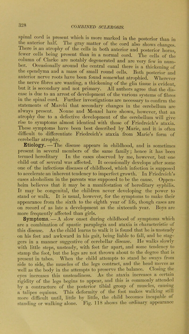spinal cord is present which is more marked in the posterior than in the anterior half. The gray matter of the cord also shows changes. Llicic is an atiophy of the cells in both anterior and posterior horns, fewer cells being present than in a normal cord. The cells of the column of Clarke are notably degenerated and are very few in num- ber. Occasionally around the central canal there is a thickening of the ependyma and a mass of small round cells. Both posterior and anterior nerve roots have been found somewhat atrophied. Wherever the nerve fibres are wanting, a thickening of the glia tissue is evident, but it is secondary and not primary. All authors agree that the dis- ease is due to an arrest of development of the various systems of fibres in the spinal cord. Further investigations are necessary to confirm the statements of Marchi that secondary changes in the cerebellum are always present. Nonne and Menzel have shown, however, that an atrophy due to a defective development of the cerebellum will give rise to symptoms almost identical with those of Friedreich’s ataxia. These symptoms have been best described by Marie, and it is often difficult to differentiate Friedreich’s ataxia from Marie’s form of cerebellar atrophy. Etiology.—The disease appears in childhood, and is sometimes present in several members of the same family; hence it has been termed hereditary In the cases observed by me, however, but one child out of several was affected. It occasionally develops after some one of the infectious diseases of childhood, which infection is supposed to accelerate an inherent tendency to imperfect growth. In Friedreich’s cases alcoholism in the parents Avas supposed to be the cause. Oppen- heirn believes that it may be a manifestation of hereditary syphilis. It may be congenital, the children never developing the poAver to stand or Avalk. It is usual, however, for the symptoms to make their appearance from the sixth to the eighth year of life, though cases are on record of as late a development as the sixteenth year. Boys are more frequently affected than girls. Symptoms.—A slow onset during childhood of symptoms which are a combination of spastic paraplegia and ataxia is characteristic of this disease. As the child learns to Avalk it is found that he is unsteady on his feet and awkward in his gait, being liable to fall, and he stag- gers in a manner suggestive of cerebellar disease. He Avalks sloAvly with little steps, unsteady, with feet far apart, and some tendency to stamp the foot, but the legs are not throAvn about to the degree that is present in tabes. When the child attempts to stand he sways from side to side, the muscles of the legs contract, and the head moves as well as the body in the attempts to preserve the balance. Closing the eyes increases this unsteadiness. As the ataxia increases a certain rigidity of the legs begins to appear, and this is commonly attended by a contracture of the posterior tibial group of muscles, causing a talipes equinus. This deformity of the foot makes walking still more difficult until, little by little, the child becomes incapable of standing or walking alone. Fig. 118 shows the ordinary appearance