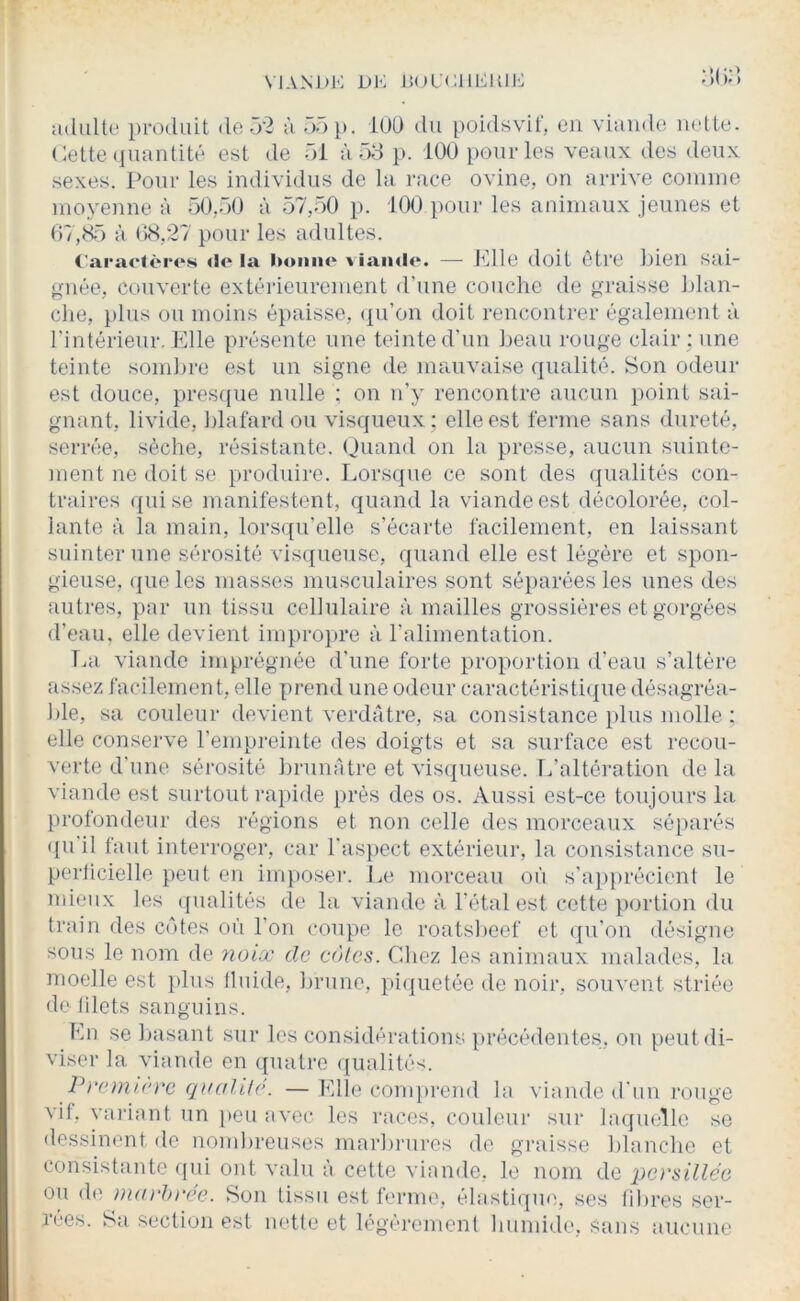 \IANJ)K DK liOL'KllKKIK adulte produit de 5'3 à 5ôp. iüü du poidsvif, en viande nette, dette (piantité est de üi à üS p. 100 pour les veaux des deux sexes. Pour les individus de la race ovine, on arrive coinine moyenne à 50,.>0 à 57,50 p. 100 poui-les animaux jeunes et ()7,ti5 à ()8,27 pour les adultes. t'araclèros <lo la bomio \ iaml<‘. — J'ille doit être l)ien sai- gnée, couverte extéiieurement d’une couche de graisse J)lan- clie, plus on moins épaisse, (pi’on doit rencontrer également à l'intérieur. Elle présente une teinte d'un J)eau rouge clair: une teinte sombre est nn signe de mauvaise qualité. Son odeur est douce, pres([ue nulle ; on n’y rencontre aucun point sai- gnant, livide, Idafard on visqueux: elle est ferme sans dureté, serrée, sèche, résistante. (Jnand on la presse, aucun suinte- ment ne doit se produire. Lorsque ce sont des (jualités con- traires qui se manifestent, quand la viande est décolorée, col- lante à la main, lors({n’elle s’écarte facilement, en laissant suinter une sérosité visqueuse, quand elle est légère et spon- gieuse, que les masses musculaires sont séparées les unes des antres, par un tissu cellulaire à mailles grossières et gorgées d’eavi, elle devient iinpro})re à l’alimentation. La viande imprégnée d’une forte proportion d’eau s’altère assez facilement, elle prend une odeur caractéristi(jue désagréa- ])le, sa couleur devient verdâtre, sa consistance plus molle : elle conserve l’empreinte des doigts et sa surface est recou- verte d’une sérosité inainâtre et visqueuse. T/altération de la viande est surtout rapide près des os. Aussi est-ce toujours la profondeur des régions et non celle des morceaux séparés qu il faut interroger, car l'aspect extérieur, la consistance su- perlicielle peut en iirq)oser. Le morceau où s’a})})récient le mieux les ({ualités de la viande à l’étal est cette portion du train des côtes on l'on coupe le roatsl)eef et qu’on désigne sous le nom de noix de. côtes. Chez les animaux malades, la moelle est })lns Iluide, ])rune, pi(]uetée de noir, souvent striée de lilets sanguins. En se iaisant sur les considérations précédentes, on peut di- viser la viande en quatre qualités. Première qualité. —fdle comprend la viande d’nn ronge vit, variant un peu avec les races, couleur sur hupiellc se dessinent de noitd)renses maiErnres de graisse blanche et consistante (pu ont vain à cette viande, le nom de persillée ou de marhrée. Son tissu est ferme, élastique, ses libres ser- rées. Sa section est nette et légèrement humide, sans aucune