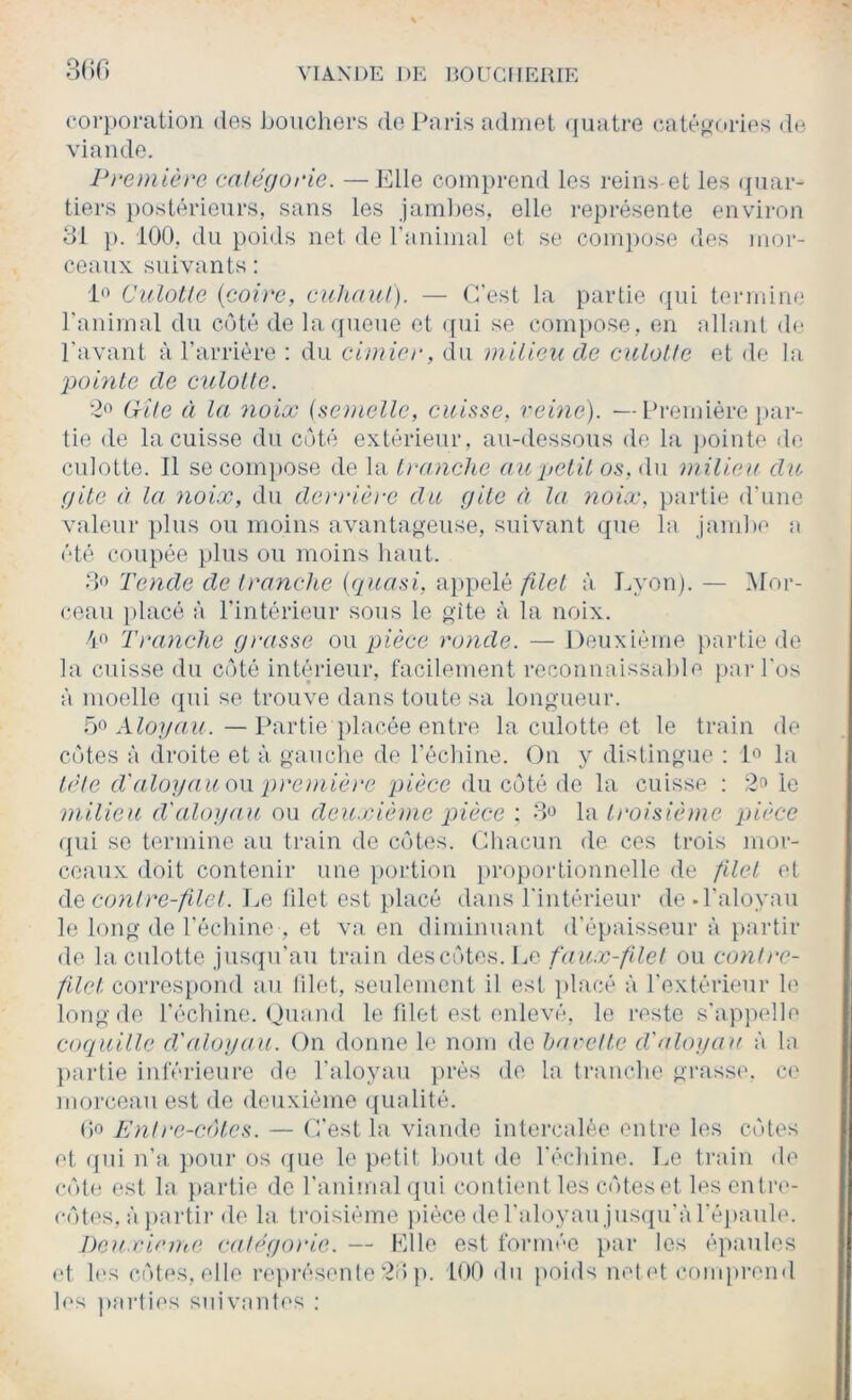 3()0 eoi'})oration des bouchers de J^nris admet (juatre catépfories de viande. Première mlégorie. —Elle comprend les reins et les (piar- tiei’S })Ostérienrs, sans les jaml)es, elle repi'ésente environ 8i }). 100. du poids net de ranimai et se com])ose des mor- ceaux suivants ; l'i Culotte {coire, cuhaul). — C'est la partie ((ui termine l'animal du côté de la queue et (pii se compose, en allant do l'avant à l’arrière : du cimier, du milieu de culolle et de la pointe de culotte. Cite à la noix (semelle, cuisse, reine). —Première par- tie de la cuisse du côté extérieur, au-dessous de la j>ointe de culotte. 11 se com})Ose de la tranche au petit os, du milieu du f/ite à la noix, du derrière du gile à la noix, partie d’une valeur })lus ou moins avantageuse, suivant que la jam])e a été coupée plus ou moins haut. Tende de tranche (quasi, appelé filet à Lyon). — Mor- ceau ])lacé à l’intérieur sous le gîte à la noix. Tt'anche grasse ou pièce ronde. — Deuxième partie de la cuisse du côté int(irieur, facilement reconnaissal)le par l’os à moelle (pii se trouve dans toute sa longueur. f)f> A— Partie placée entre la culotte et le train de côtes à droite et à gauche de l’échine. On y distingue : D la tète d'aloyau o\\ première pièce du côté de la cuisse ; 2” le milieu d'aloigau ou deuxÀème pièce ; la troisième pièce (pii se termine au train de côtes. Chacun de ces trois mor- ceaux doit contenir une portion projiortionnelle de filet et àc c on Ire-filet. Le lilet est placé dans l'intérieur de.l'aloyau le long de l’échine , et va en diminuant d’épaisseur à partir de la culotte jusiprau train descôtes. Le faux-fdel ou contre- filet correstiond au lilet, seulement il est })lacé à l’extérieur le long de l’échine. Ouand le lilet est enlevé, le reste s'appelle coquille dèalogau. On donne le nom do barette d'aloyau à la jiartie inférieure de l’aloyau jirés de la tranche grasse, ce morceau est de deuxième qualité. ()0 En!re-coles. — C’est la viande intercalée entre les côtes et (jui n’a })Our os (pie le petit bout de l’échine. Le train de côt(i est la partie de l’animal ({ui contient les côtes et les entre- côtes, à jiartir de la troisième jiièce de l’aloyau jusqu'à l'épaule. Deuxieme ealégorie. — Elle est formée par les épaules et les côtes, elle re]»résente 2ii p. lOO du jioids net et coiiqn'cnd les parties suivantes ;