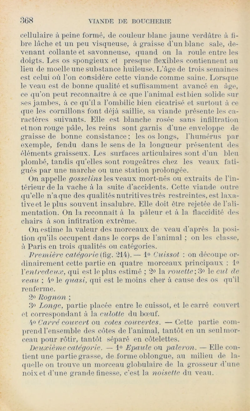 cellulaire à peine formé, de couleur blanc jaune verdâtre à li- bre lâche et un peu visqueuse, à graisse d’un blanc sale, de- venant collante et savonneuse, quand on la roule entre les doigts. Les os spongieux et presque llexibles contiennent au lieu de moelle une substance huileuse. L’âge de ti’ois semaines est celui où l’on considère cette viande comme saine. Lorsque le veau est de bonne qualité et suflisamment avancé en âge, ce qu'on peut reconnaître à ce que l'animal estl)ien solide sur ses jamlies. à ce qu’il a l’ombilic bien cicatrisé et surtout à ce ([lie les cornillons font déjà saillie, sa viande })résente les cai- ractères suivants. Elle est blanche rosée sans infiltration et non rouge pâle, les reins sont garnis d’une envelo])])e de graisse de bonne consistance; les os longs, l’humérus par exemple, fendu dans le sens de la longueur présentent des éléments graisseux. Les surfaces articulaires sont d’un Ideu plombé, tandis qu’elles sont rougeâtres chez les veaux fati- gués par une marche ou une station i)rolongée. On appelle les veaux mort-nés ou extraits de l’in- térieur de la vache à la suite d’accidents. Cette viande outre qu’elle n’a que des qualités nutritives très restreintes, est laxa- tive et le plus souvent insalubre. Elle doit être rejetée de l’ali- mentation. On la reconnaît à la pâleur et à la tlaccidité d(>s cliairs à son intitration extrême. On estime la valeur des morceaux de veau d'après la posi- tion qu’ils occupent dans le corps de l’animal : on les classe, à Paris en trois qualités ou catégories. Première catégorie (i\g. 214).— Cuissot : on découpe or- dinairement cette partie en quatre morceaux principaux : Yeoitredeux, qui est le plus estimé ; la rouetteiS^ le cul de veau : 4» le quasi, qui est le moins cher à cause des os qu’il renferme. 2'^ Rognon ; Longe, partie ])lacée entre le cuissot, et le carré couvert et correspondant à la culotte du bomf. Carré couvert ou cotes couvertes. — Cette partie com- ])rend l’ensemble des cotes de l’animal, tantôt en un seul mor- ceau pour rôtir, tantôt séparé en côtelettes. Deuxième catégorie. — Epaule ou paletvn. — Elle con- tient une partie grasse, de forme oblongue, au milieu de la- ({uelle on trouve un morceau globulaire de la grosseur d'une noix et d’une grande finesse, c’est la twisetle du veau.