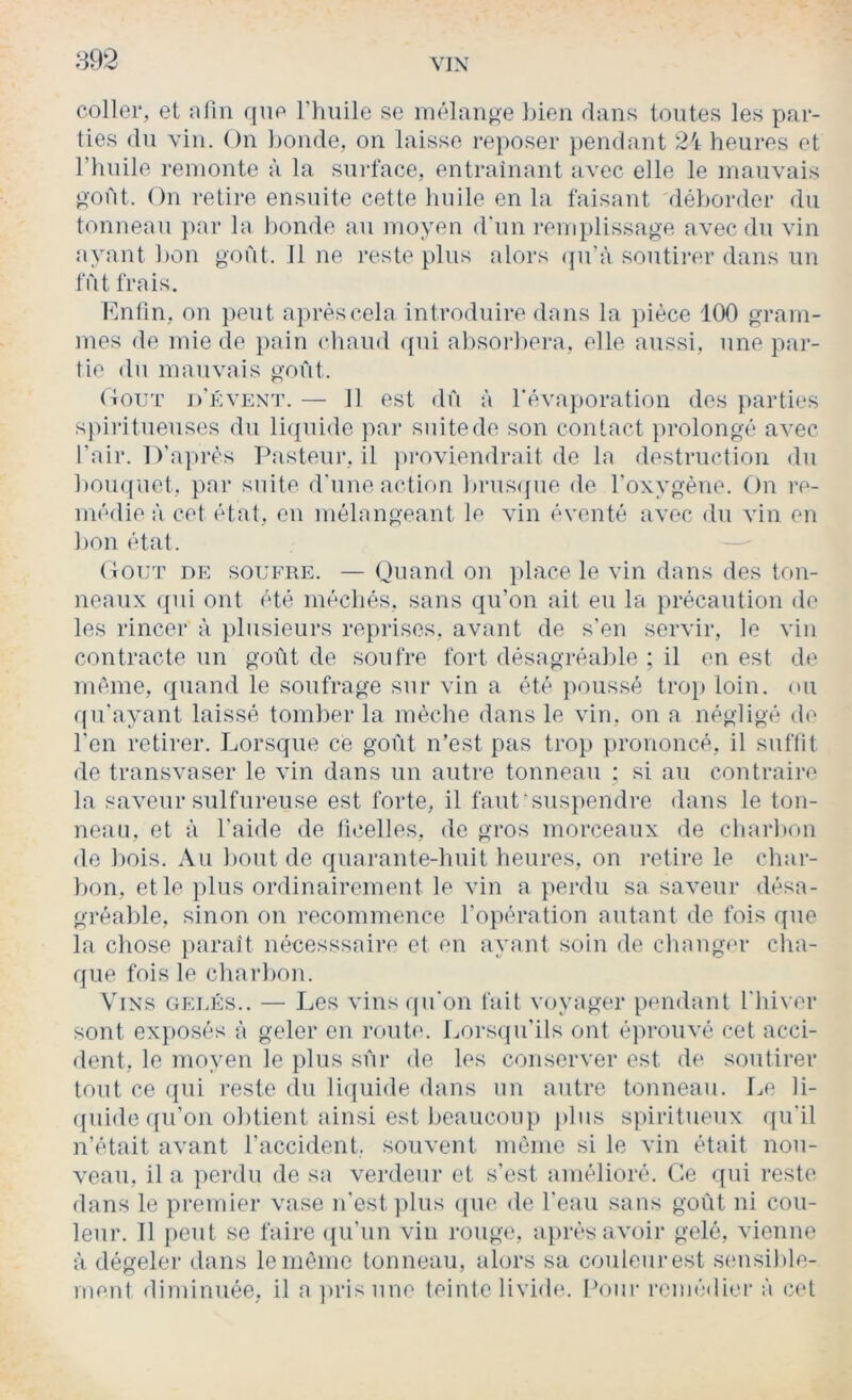 :392 coller, et nfm que l’iinile se mélange bien dans tontes les par- ties (lu vin. On bonde, on laisse reposer })endant heures et l’huile remonte à la surface, entrainant avec elle le mauvais o'oùt. On retire ensuite cette huile en la faisant déborder du tonneau par la bonde au moyen d'un remplissage avec du vin ayant bon goi'it. 11 ne reste plus alors (ju’à soutirer dans un tut frais. Ibifin, on peut après cela introduire dans la })ièce 100 gram- mes de mie de pain chaud (jui absorbera, elle aussi, une par- tie du mauvais goût. (tout d’évext. — 11 est dû à réva})oration des parties spiritueuses du liquide par suitede son contact prolongé avec l'air. l)'a|)rès Pasteui’, il ju’oviendrait de la destruction du bouquet, par suite d'une action brus(jue de l’oxygène. On re- rné(lie à cet état, en mélangeant le vin éventé avec du vin en bon état. OoüT DE SOUFRE. — (Juaiid 011 place le vin dans des ton- neaux (pii ont été méchés, sans qu’on ait eu la précaution de les rincer à plusieurs reprises, avant de s'en servir, le vin contracte un goût de soufre fort désagréable ; il en est de même, quand le soufrage sur vin a été jioussé trop loin, ou qu'ayant laissé tomber la mèche dans le vin, on a négligé de l'en retirer. Lorsque ce goût n’est pas trop prononcé, il suflit de transvaser le vin dans un autre tonneau ; si au contraire la saveur sulfureuse est forte, il faut'siispendre dans le ton- neau, et à l'aide de ficelles, de gros morceaux de charbon de bois. Au bout de quarante-huit heures, on retire le char- lion, et le plus ordinairement le vin a perdu sa saveur désa- gréable, sinon on recommence l’opération autant de fois que la cliose paraît nécesssaire et en ayant soin de changer cha- que fois le charbon. Vins gelés.. — Les vins qu'on tait voyager pendant l'hiver sont exposés à geler en route. Lors(pi'ils ont éjirouvé cet acci- dent, le moyen le plus sûr de les conserver est de soutirer tout ce (pli reste (lu liquide dans un autre tonneau. Le li- ([iiide qu’on olitient ainsi est beaucoup plus spiritueux qu'il n’était avant l’accident, souvent même si le vin était nou- veau, il a perdu de sa verdeur et s’est amélioré. Ce qui reste dans le premier vase n'est jilus (pie de l'eau sans goût ni cou- leur. 11 peut se faire ([u'un vin rouge, ajués avoir gelé, vienne à dégeler dans le même tonneau, alors sa coiileurest sensible- ment diminuée, il a pris une teinte livide. Loin- remédier à (ici