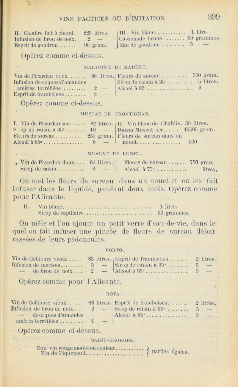 II. Calabre fait à chaud.. 225 litres. Infusion de brou de noi-x. 2 — Esprit de goudron !KJ gram. Opérez comme ci-dessus. MAi.vorsrE Vin de Picardan doux 88 litres. Infusion de coques d'amandes amères torréfiées 2 — Esprit de framboises 2 — Opérez comme ci-dessus. MUSCAT DE I. Vin de Picardan sec 82 litres. S op de raisin à 35° 10 — Fleurs de sureau 250 gram. Alcool à 85» 8 — III. Vin blanc 1 litre. Cassonade brune 00 grammes Eau de goudron 5 — DE MADÈRE. Fleurs de sureau 500 gram. Sirop de raisin à 35- 5 litres. Alcool à 85 • 3 — FRONTIGN.AN. II. Vinblanede Chablis. 50 litres. Raisin Muscat sec 12500 gram. Flerirs de sureau dans un nouet 500 — . MUSCAT DE LUNEL. . Vin de Picardan doux 90 litres. Fleurs de sureau 750 gram. Sirop de raisin 6 — Alcool à 75» litres. On met les fleurs de sureau dans un nouet et on les fait infuser dans le liijuide, pendant deux mois. Opérez comme pour l’Alicante. II. Vin blanc 1 litre. Sirop de capillaire 30 grammes. On mêle et l’on ajoute un petit verre d’eau-de-vie, dans le- quel on fait infuser une pincée de Heurs de sureau débar- rassées de leurs pédoncules. PORTO. Vin de Collioure vieux Infusion de merises — de brou de noix.... 83 litres. 5 — O Esprit de framboises Sin.p de raisin k 35-. Alcool à 55- 2 litres 5 — 3 — Opérez comme pour l’Alicante. ROTA. Vin de Collioure vieux Infusion de brou de noix — de coques d’amandes amères torréfiées 88 litres 2 — 1 — Esprit de framboises Sirop de raisin à 35- Alcool à 85 ■ 2 litres. 5 — O • Opérez comme ci-dessus. .SAINT-GEORGES. Bon vin rouge monté en couleur Vin de Piquepouil j parties égales.