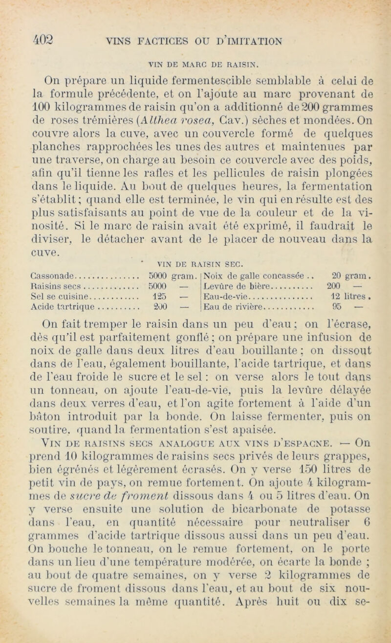 VIN DE MARC DE RAISIN. On prépare un liquide fermentescible semblable à celui de la formule précédente, et on l’ajoute au marc provenant de 100 kilogrammes de raisin qu’on a additionné de 200 grammes de roses trémiéres {Allhea rosea, Cav.) sèches et mondées. On couvre alors la cuve, avec un couvercle formé de quelques planches rapprochées les unes des autres et maintenues par une traverse, on charge au besoin ce couvercle avec des poids, afin qu’il tienne les rafles et les pellicules de raisin plongées dans le liquide. Au bout de quelques heures, la fermentation s’établit; quand elle est terminée, le vin qui en résulte est des plus satisfaisants au point de vue de la couleur et de la vi- nosité. Si le marc de raisin avait été exprimé, il faudrait le diviser, le détacher avant de le placer de nouveau dans la cuve. VIN DE RAISIN SEC. Cassonade 5000 grain Raisins secs 5000 — Sel se cuisine 125 — Acide tartrique 2o0 — Noix de galle concassée .. 20 gram. Levure de bière 200 — Eau-de-vie 12 litres . Eau de rivière 95 — On fait tremper le raisin dans un peu d’eau ; on l’écrase, dès qu’il est parfaitement gonflé ; on pré])are une infusion de noix de galle dans deux litres d’eau bouillante; on dissout dans de l'eau, également liouillante, l’acide tartrique, et dans de l’eau froide le sucre et le sel : on verse alors le tout dans un tonneau, on ajoute l'eau-de-vie, })uis la levûre délayée dans deux verres d’eau, et l'on agite fortement à l'aide d’un bâton introduit par la lionde. On laisse fermenter, puis on soutire. <[uand la fermentation s’est apaisée. Vin de raisins secs analogue aux vins d’espagne. — On jirend 10 kilogrammes de raisins secs privés de leurs grappes, l)ien égrénés et légèrement écrasés. On y verse 150 litres de petit vin de pays, on remue fortement. On ajoute 4 kilogram- mes de sucre de froment dissous dans 4 ou 5 litres d'eau. On y verse ensuite une solution de bicarbonate de potasse dans l’eau, en quantité nécessaire pour neutraliser 6 grammes d’acide tartriijiie dissous aussi dans un peu d’eau. On bouche le tonneau, on le remue fortement, on le porte dans un lieu d’une température modérée, on écarte la bonde ; au l)Out de ijuatre semaines, on y verse 2 kilogrammes de sucre de froment dissous dans l’eau, et au liout de six nou- velles semaines la même quantité. Après huit ou dix se-