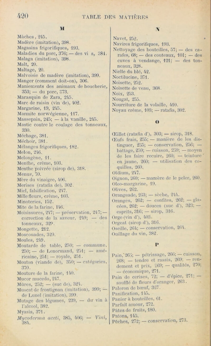 >1 Màclies, 2'i5. Madère (imitation), 398. Magasins frigorifiques, 193. Maladies du porc, 37G;—des vi s, 381. Malaga (imitation), 398. Malt, 20. Maltage, 20. Malvoisie de madère (imitation), 399. Manger (comment doit-on), 306. Maniements des animaux de boucherie, 353; — du porc, 373. Marasquin do Zara, 215. Marc de raisin (vin de), 102. Margarine, 19, 215. Marmite nonvégienne, 117. Massepain, 245; — à la vanille, 245. Mastic contre le coulage des tonneaux, 330. Mécbage, 381. Méchoir, 381. Mélanges frigorifupies, 182. Melon, 216. Melongène, 11. Menthe, crème, 103. Menthe poivrée (sirop de), 318. Menus, 70. Mère du vinaigre, 406. Merises (ratafia de), 302. Miel, falsification, 217. Mille flenrs, crème, 103. Minoteries, 152. Mite de la farine, 116. Moisis-sures, 217; — préservation, 2'i7; — correction de la saveur, 219; — des tonneaux, 329. Mongette, 212. Moscouades, 320. Moules, 219. Moutarde de table, 250; — commune, 250;— de Lenormand, 251; — amé- ricaine, 251; — royale, 251. Mouton (viande de), 350; — catégories. 370. Mouture de la farine, 110. Mucor mucedo, 217. Mûres, 252; — (suc de), 321. Muscat de fronlignan (imitation), 390; — de Lunel (imitation), 399. Mutage des légumes, 239, — du vin à l’alcool, 382. Myasis, .371. Miicoderma aceli, 385, 106; — Vini, 381. \ Navet, 2~rJ. Navires frigorifiques, 193. Nettoyage des bouteilles, 57; — des ca- rafes, 68; — des couteaux, 101; — des cuves à vendange, 121; — des ton- neaux, 328. Nielle du blé, 42. Noctilucine, .371. Noisette, 252. Noisette de veau, 368. Noix, 2.53. Nougat, 255. Nourriture de la volaille, lit). Noyau crème, 103; — ratafia, 302. aüillet (ratafia d’), .303; — sirop, 318. Œufs frais, 255; — manière de les dis- tinguer, 255; — consei’vation, 2.56; — battage, 259; — cuisson, 259; — moyen de les faire recuire, 260; — teinture ’ en jaune, 260; — utilisation des co- quilles, 260. Oïdium, 217. Oignon, 260; —manière de le peler, 260. Oleo-inargarine, 19. Olives, 202. Orangeade, 203; — sèche, 211. Oranges, 262; — confites, 262; — gla- cées, 262; — douces (suc d'), 323; — esprits, 316; — sirop, 316. Orge (vin d’), 103 ^ Oi-geat (sirop d’), 310. Oseille, 2(il; — conservation, 261. Ouillage du vin, 382. I* Pain,'265; — pétrissage, 266; — cuisson, £268; — tendre et rassis, 269; — ren- dement et prix, 269; — qualités, 270; — économique, 271. Pain do cerises, 72; — d’épice, 271; soufflé de fleurs d’oranger, 263. Paleron de bœuf, 307. Panification, 115. Panier à bouteilles, lîl. Parfait amour, 272. Pâtes de fruits, 180. Palona, 115. Pèches, 272; — conservation, 273.