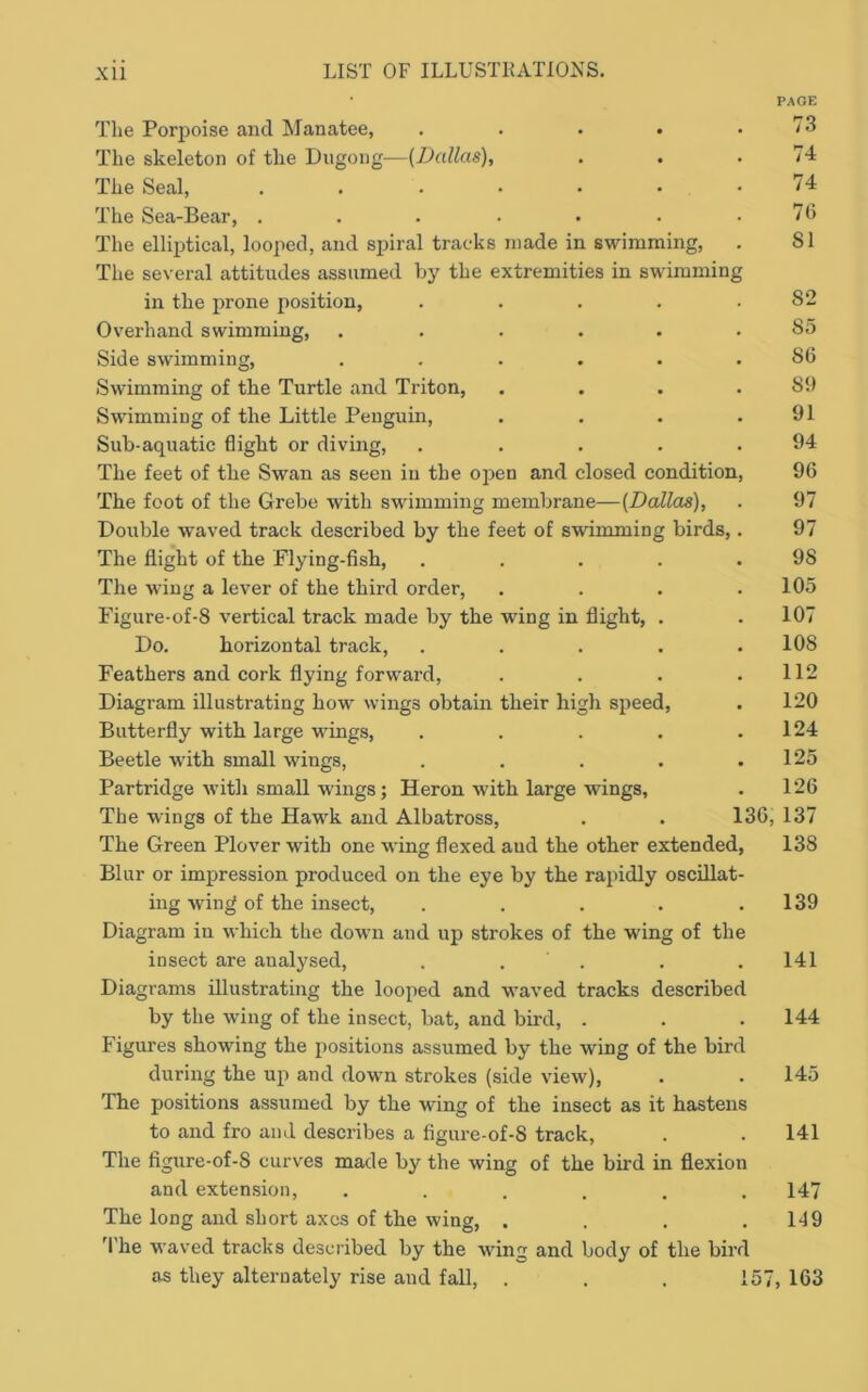 PAGE The Porjjoise and ^Manatee, . . . . .73 The skeleton of the Dugoiig—(Dallas), . . .74 The Seal, ....... 74 The Sea-Bear, . . . . . . .76 The elliptical, looped, and spiral tracks made in swimming, . 81 The several attitudes assumed by the extremities in swimming in the prone position, . . . . .82 Overhand swimming, . ..... 85 Side swimming, ...... 86 Swimming of the Turtle and Triton, . . . .89 Swimming of the Little Penguin, . . . .91 Sub-aquatic flight or diving, . . . . .94 The feet of the Swan as seen in the oi^en and closed condition, 96 The foot of the Grebe with swimming membrane—(Dallas), . 97 Double waved track described by the feet of swimming birds,. 97 The flight of the Flying-fish, . . . . .98 The wing a lever of the third order, . . . .105 Figure-of-8 vertical track made by the wing in flight, . . 107 Do. horizontal track, ..... 108 Feathers and cork flying forward, . . . .112 Diagram illustrating how wings obtain their high speed, . 120 Butterfly with large wings, . . . . .124 Beetle with small wings, . . . . .125 Partridge with small wings; Heron with large wings, . 126 The wings of the Hawk and Albatross, . . 136, 137 The Green Plover with one wing flexed aud the other extended, 138 Blur or impression produced on the eye by the rapidly oscillat- ing wing of the insect, . . . . .139 Diagram in which the down and up strokes of the wing of the insect are analysed, . . . . . 141 Diagrams illustrating the looped and waved tracks described by the wing of the insect, bat, and bird, . . . 144 Figures showing the positions assumed by the wing of the bird during the up and down strokes (side view), . . 145 The positions assumed by the wing of the insect as it hastens to and fro and describes a figure-of-8 track, . . 141 The figure-of-8 curves made by the wing of the bird in flexion and extension, ...... 147 The long and short axes of the wing, . . . .149 3'he waved tracks described by the wing and body of the bird as they alternately rise aud fall, . . . 157, 163