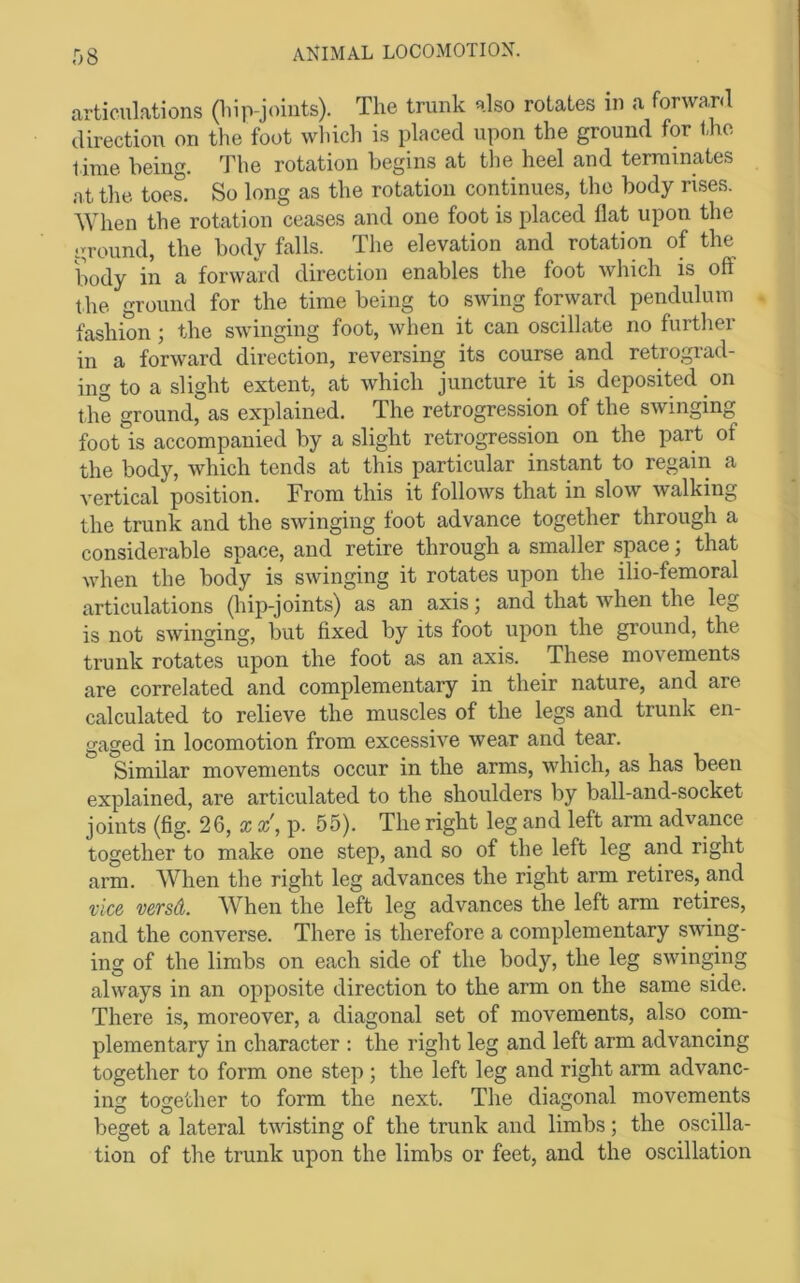 articulations (liip-joiiits). The trunk also rotates in a forwa,r<l direction on the foot which is placed upon the ground for the lime being. The rotation begins at the heel and terminates .at the toes. So long as the rotation continues, the body rises. AYhen the rotation ceases and one foot is placed flat upon the ground, the body falls. The elevation and rotation of the body in a forward direction enables the foot which is off the ground for the time being to swing forward pendulum fashion; the swinging foot, when it can oscillate no further in a forward direction, reversing its course and retrograd- ing to a slight extent, at which juncture it is deposited on t he ground, as explained. The retrogression of the swinging foot is accompanied by a slight retrogression on the part of the body, which tends at this particular imstant to regain a vertical position. From this it follows that in slow walking the trunk and the swinging foot advance together through a considerable space, and retire through a smaller space j that when the body is swinging it rotates upon the ilio-femoral articulations (hip-joints) as an axis; and that when the leg is not swinging, but fixed by its foot upon the ground, the trunk rotates upon the foot as an axis. These movements are correlated and complementary in their nature, and are calculated to relieve the muscles of the legs and trunk en- gaged in locomotion from excessive wear and tear. Similar movements occur in the arms, which, as has been explained, are articulated to the shoulders by ball-and-socket joints (fig. 26, a: x, p. 55). The right leg and left arm advance together to make one step, and so of the left leg and right arm. When the right leg advances the right arm retires, and vice versd. When the left leg advances the left arm retires, and the converse. There is therefore a complementary swing- ing of the limbs on each side of the body, the leg swinging always in an opposite direction to the arm on the same side. There is, moreover, a diagonal set of movements, also com- plementary in character : the right leg and left arm advancing together to form one step; the left leg and right arm advanc- ing together to form the next. The diagonal movements beget a lateral twisting of the trunk and limbs; the oscilla- tion of the trunk upon the limbs or feet, and the oscillation