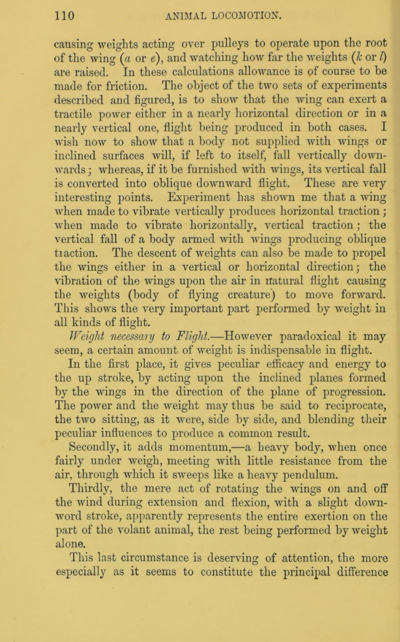 causing weights acting over pulleys to operate upon the root of the wing (a or e), and watching how far the weights (k or I) are raised. In these calculations allowance is of course to be made for friction. The object of the two sets of experiments described and figured, is to show that the wing can exert a tractile power either in a nearly horizontal direction or in a nearly vertical one, flight being produced in both cases. I wish now to show that a body not supplied with wings or inclined surfaces will, if left to itself, fall vertically down- wards ; whereas, if it be furnished with wings, its vertical fall is converted into oblique downward flight. These are very interesting points. Experiment has shown me that a wing when made to vibrate vertically produces horizontal traction; when made to vibrate horizontally, vertical traction; the vertical fall of a body armed with wings producing oblique tiaction. The descent of weights can also be made to propel the wings either in a vertical or horizontal direction; the \dbration of the wings upon the air in natural flight causing the weights (body of flying creature) to move forward. This shows the very important part performed by weight in all kinds of flight. JFdght necessary to Flight—However paradoxical it may seem, a certain amount of weight is indispensable in flight. In the first place, it gives peculiar efficacy and energy to the up stroke, by acting upon the inclined planes formed by the wings in the direction of the plane of progression. The power and the weight may thus be said to reciprocate, the two sitting, as it were, side by side, and blending their peculiar influences to produce a common result. Secondly, it adds momentum,—a heavy body, when once fairly under weigh, meeting with little resistance from the air, through which it sweeps like a heavy pendulum. Thirdly, the mere act of rotating the wings on and off the wind during extension and flexion, with a slight do^vn- word stroke, apparently represents the entire exertion on the part of the volant animal, the rest being performed by weight alone. This last circumstance is deserving of attention, the more especially as it seems to constitute the principal difference