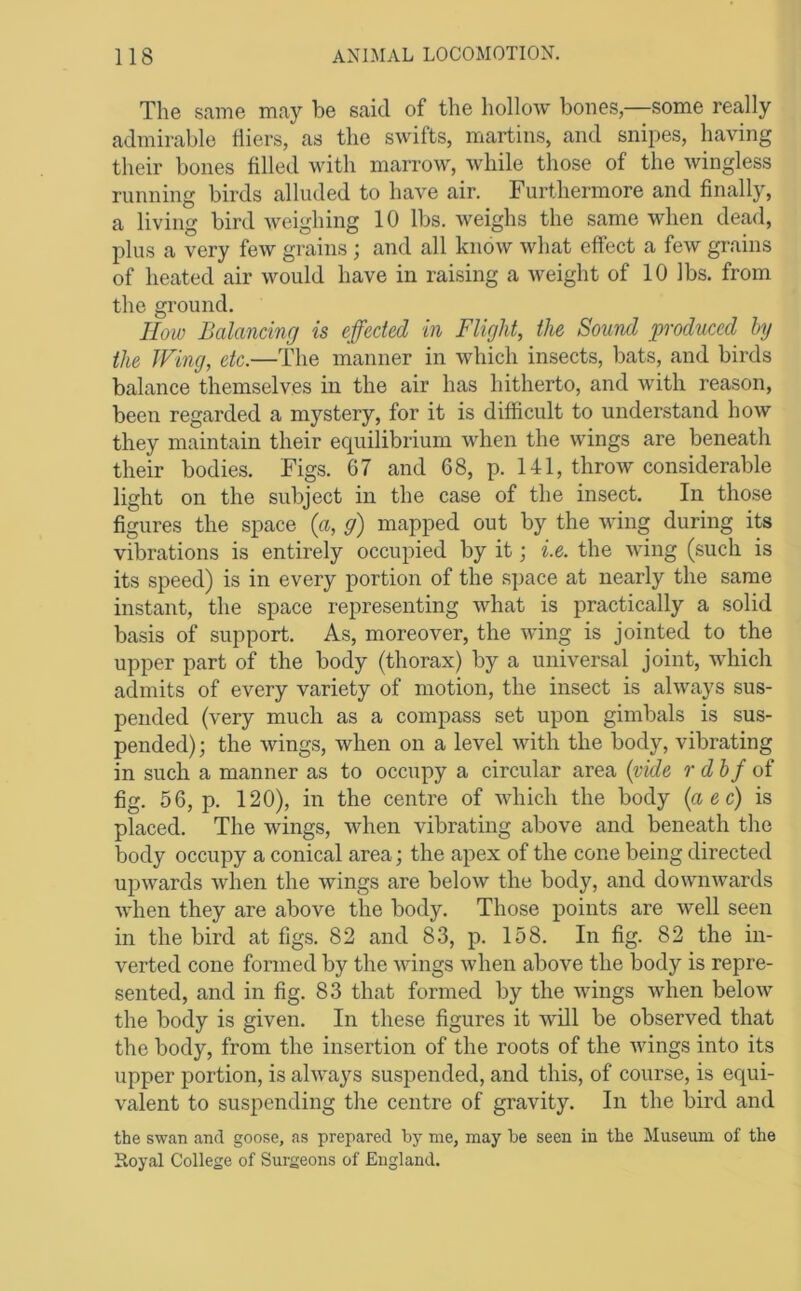 The same may be said of the hollow bones,—some really admirable Hiers, as the swifts, martins, and snipes, having their bones filled with marrow, while those of the wingless running birds alluded to have air. Furthermore and finally, a living bird weighing 10 lbs. weighs the same when dead, plus a very few grains ; and all know Avhat effect a few grains of heated air would have in raising a weight of 10 lbs. from the ground. How Balancing is effected in Flight, the Sound produced hy the JFing, etc.—The manner in which insects, bats, and birds balance themselves in the air has hitherto, and with reason, been regarded a mystery, for it is difficult to understand how they maintain their equilibrium when the wings are beneath their bodies. Figs. 67 and 68, p. 141, throw considerable light on the subject in the case of the insect. In those figures the space (a, g) mapped out by the wing during its vibrations is entirely occupied by it; i.e. the wing (such is its speed) is in every portion of the space at nearly the same instant, the space representing what is practically a solid basis of support. As, moreover, the wing is jointed to the upper part of the body (thorax) by a universal joint, which admits of every variety of motion, the insect is always sus- pended (very much as a compass set upon gimbals is sus- pended) ; the wings, when on a level with the body, vibrating in such a manner as to occupy a circular area {vide r dhf fig. 56, p. 120), in the centre of which the body {aec) is placed. The wings, when vibrating above and beneath the body occupy a conical area; the apex of the cone being directed upwards when the wings are below the body, and downwards when they are above the body. Those points are well seen in the bird at figs. 82 and 83, p. 158. In fig. 82 the in- verted cone formed by the wings when above the body is repre- sented, and in fig. 83 that formed by the wings when below the body is given. In these figures it will be observed that the body, from the insertion of the roots of the Avings into its upper portion, is always suspended, and this, of course, is equi- valent to suspending the centre of gravity. In the bird and the swan and goose, as prepared by me, may be seen in the Museum of the Soyal College of Surgeons of England.